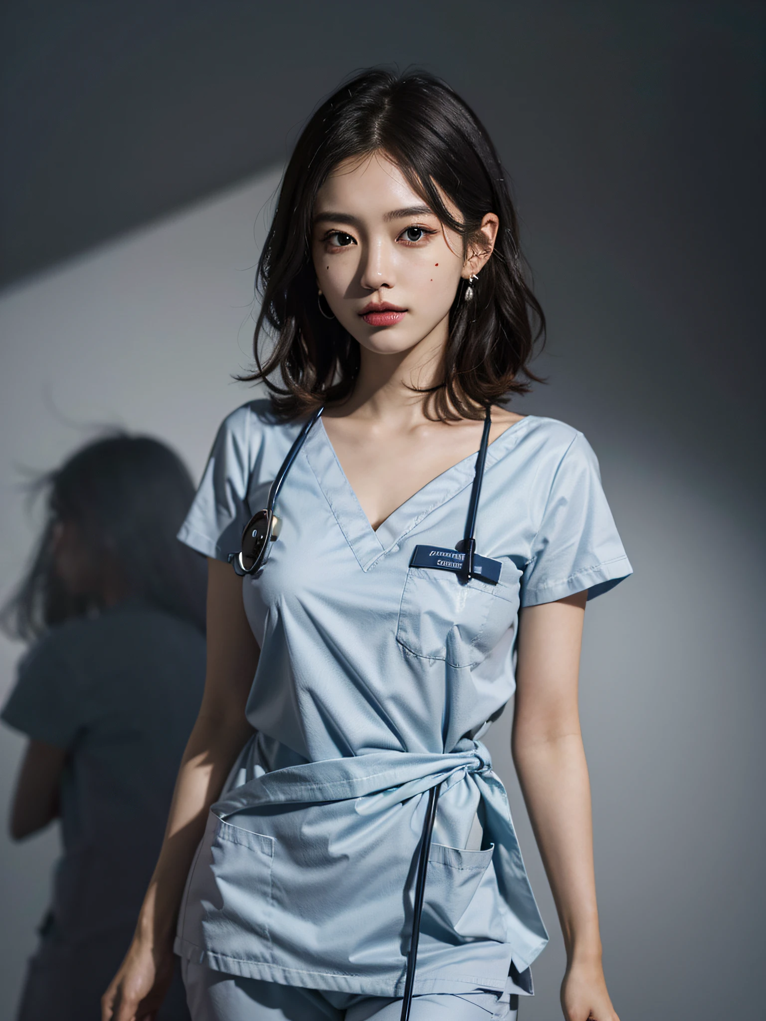 absurdres, RAW photo, extremely delicate and beautiful, masterpiece, Best Quality, ultra high resolution, 16k, hyperrealistic, ultra-detailed, Very detailed CG 8k wallpaper, Beautiful Lighting, Perfect Lightning, Realistic Shadows, perfect anatomy, super Detailed shiny skin, perfect figure, Japanese girl, very Slim body, narrow waist, very small head, handsome detailed woman, very detailed eyes and face, realistic face proportions, Stunning detailed eyes, Realistic beautiful face, very small face, Realistic small beautiful eyes, double eyelids, makeup, tearful mole, mole on chest, earring, bare legs, beautiful and very thin legs, beautiful and very thin thighs, ((very huge round breasts)), (full body shot), (short hair), wavy hair, ((wearing light blue scrubs)),