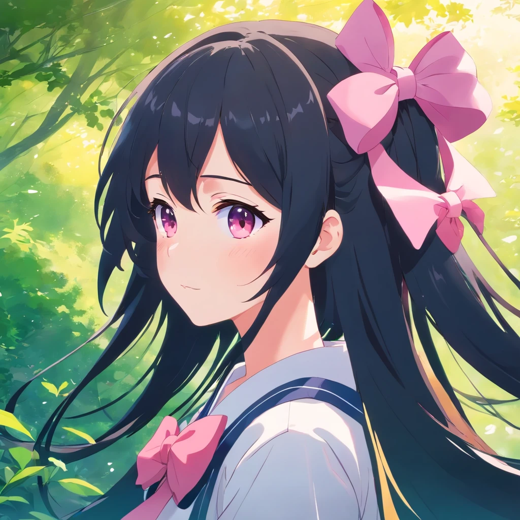 anime girl with long black hair and a pink bow