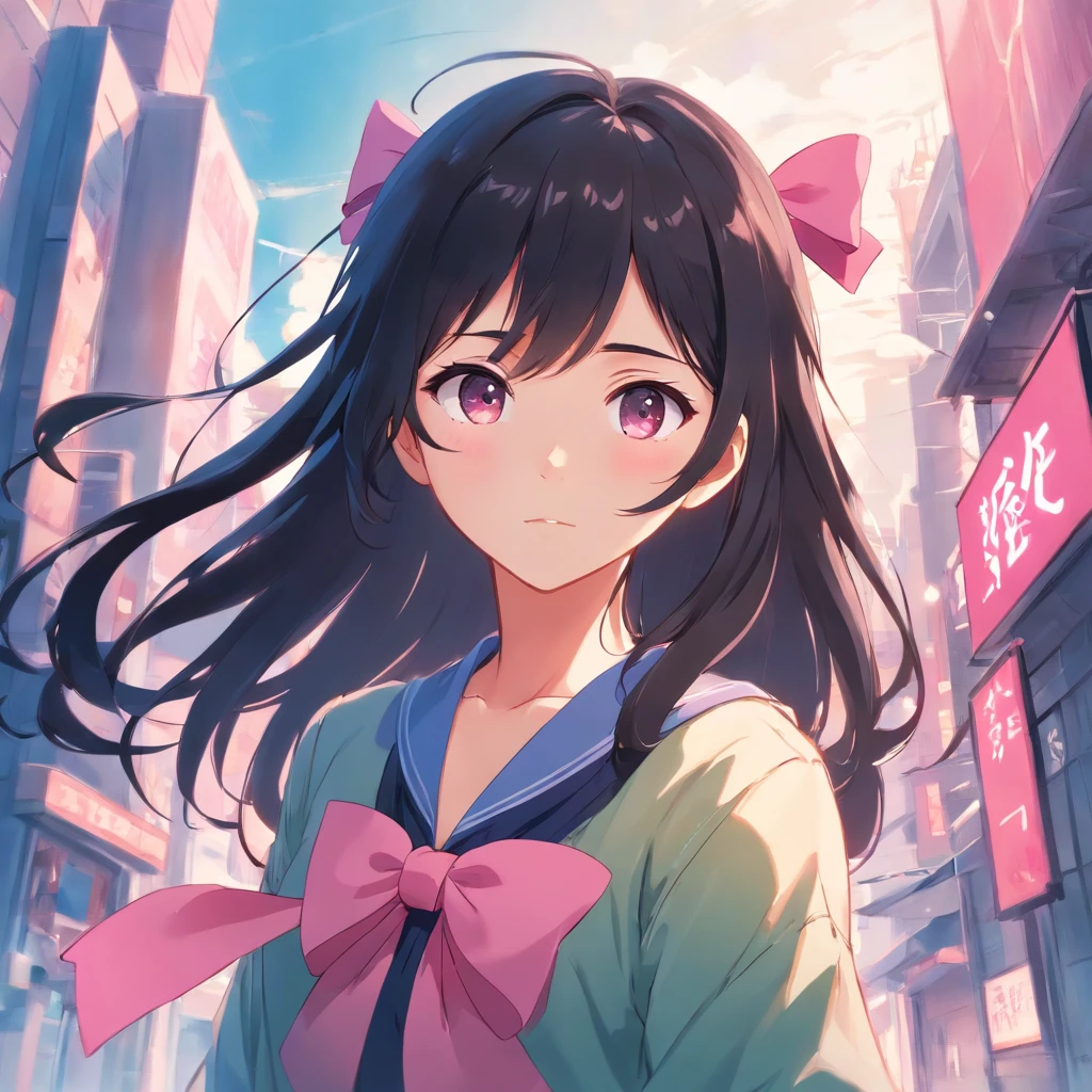 anime girl with long black hair and a pink bow