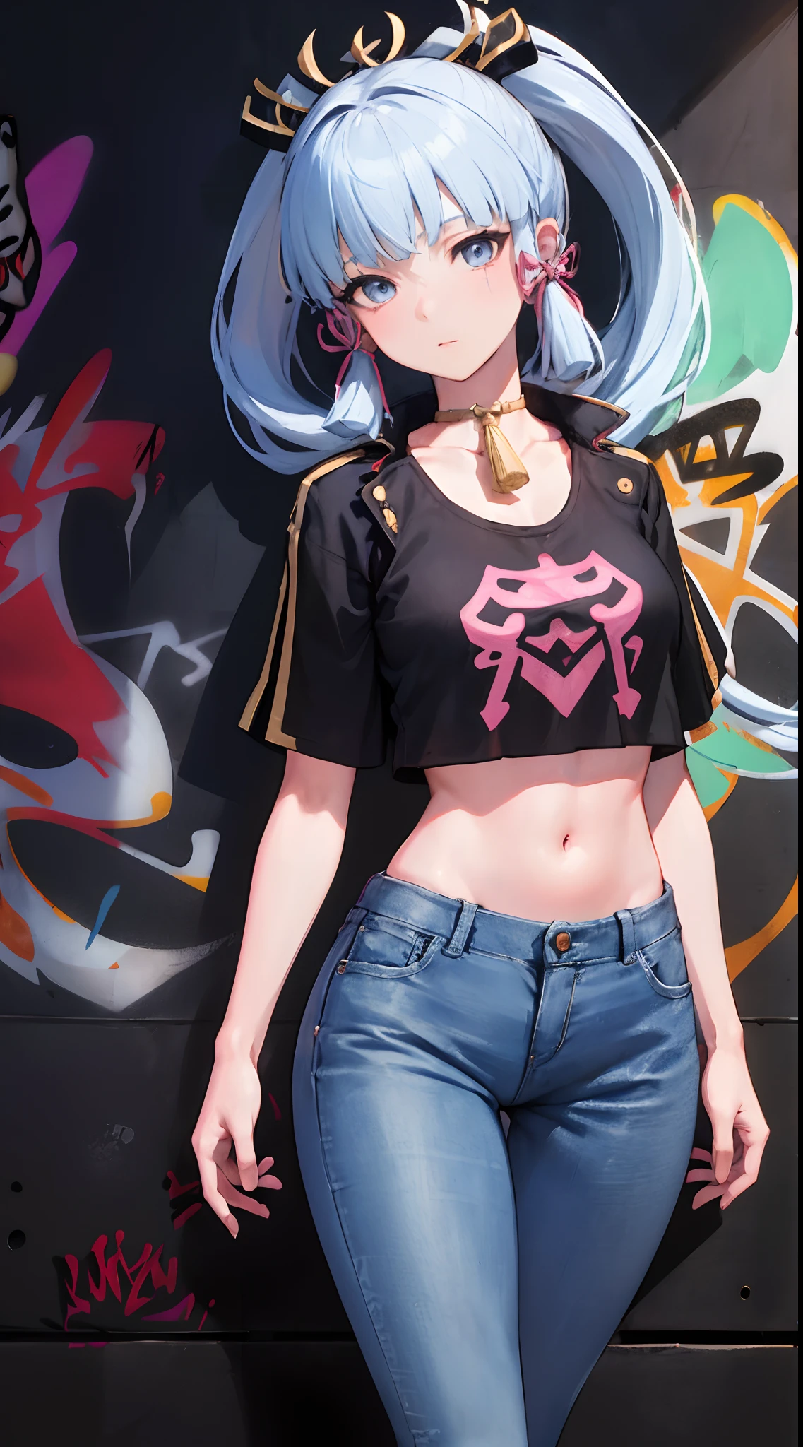 kamisato ayaka|genshin impact, master-piece, bestquality, 1girls,30 years old, proportional body, Big legs, Beautiful, proportional., crop top, Long Jeans, mediuml breasts, ,bara, crop top, choker, (Graffiti:1.5), Splash with purple lightning pattern., arm behind back, against wall, View viewers from the front., Thigh strap, Head tilt, bored,(NSTDA.:1.2), (10, beste-Qualit, master-piece: 1.4), Beautiful red hair, ultra-high resolution, (lifelike, photorealistic portrait: 1.48), (Looking Through Crop Tops.), Famous Japanese actors, beautiful clear eyes, Head tilt, cowboy shot, from the front, looking at the audience, expressionless, Beautiful lake, Zeiss 150mm F/ 2.8 Hasselblad, Whole body, foot, Ultra-Wide Angle,