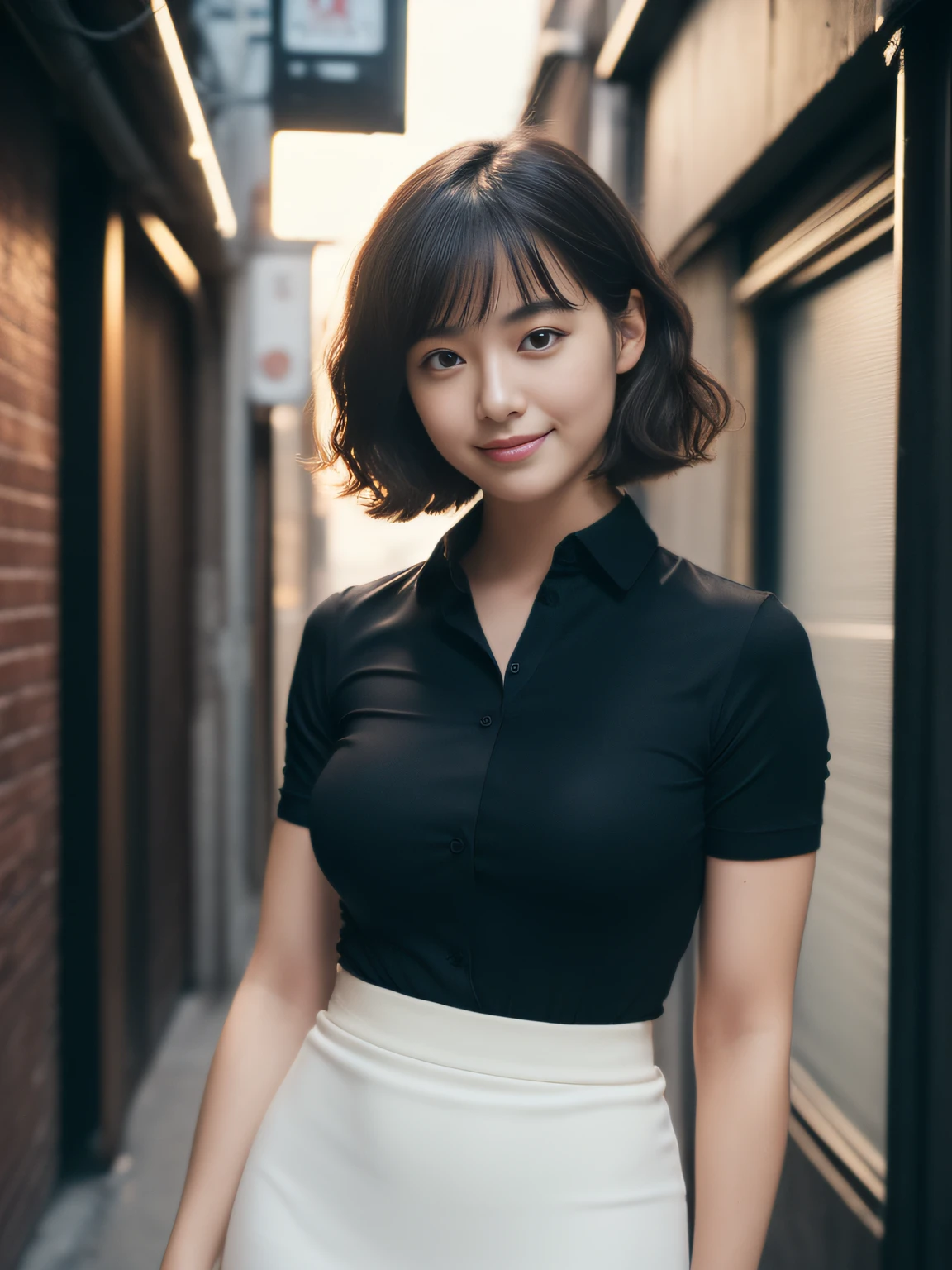 (Raw photo:1.2), (Photorealsitic:1.4), huge filesize, hight resolution, ighly detailed, top-quality, (masterpiece:1.6),(Hyper-realistic: 1.4), ighly detailed, nffsw, finely detail, top-quality, 8k wallpaper,People with Japan,((Girl with clear white skin)),17 age、cowboy shot、((Muscle Girl:1.3, Giant physique:1.3, thick neck:1.3, thick and strong arms:1.3, thick and powerful legs:1.3))、((heavy drooping long breasts,:1.4,huge-breasted:1.4)),((Lori face:1.2))、Narrow eyes, cute face, Narrow eyes,((A smile))、((Curly hair、bob cuts、Very Shorthair))、((((Black short-sleeved shirt、Black Pencil Skirt))))、((Stand at the end of a narrow alley in the middle of the night、A big city lined with neon-lit Western-style izakayas))、 (Realistic: 1.3), (Smooth lighting: 1.05), (Improved cinematic lighting: 0.9), Realistic lighting, Backlight, Face Light, raytrace, (Whitening light: 1.2), ( Top quality real skins: 1.4), (Body Line Mood Increase:1.1), (Skin Texture Enhancement Beauty:1.1),