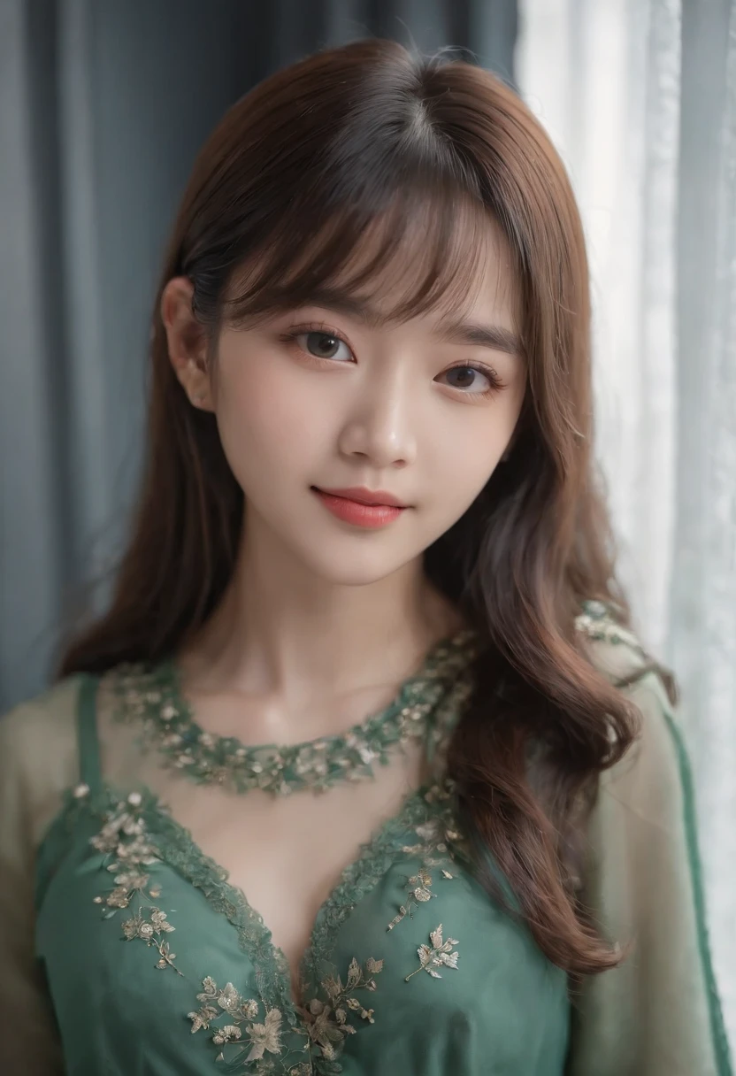 top-quality, Photorealsitic, masterpiece, 8K, Hi-Res, 独奏, 1girl, (((infp young woman))),sixteen years old、full bodyesbian、(small tits), ((Look at viewers)), (look at a camera), ((Various hairstyles close to long))、Perfect straight black hair、((With bangs))、 (profetional lighting), Highly detailed bright face、Gentle Japan girl、lovely smile、Small cleavage、Green dress(long-sleeve)、Standing in the room