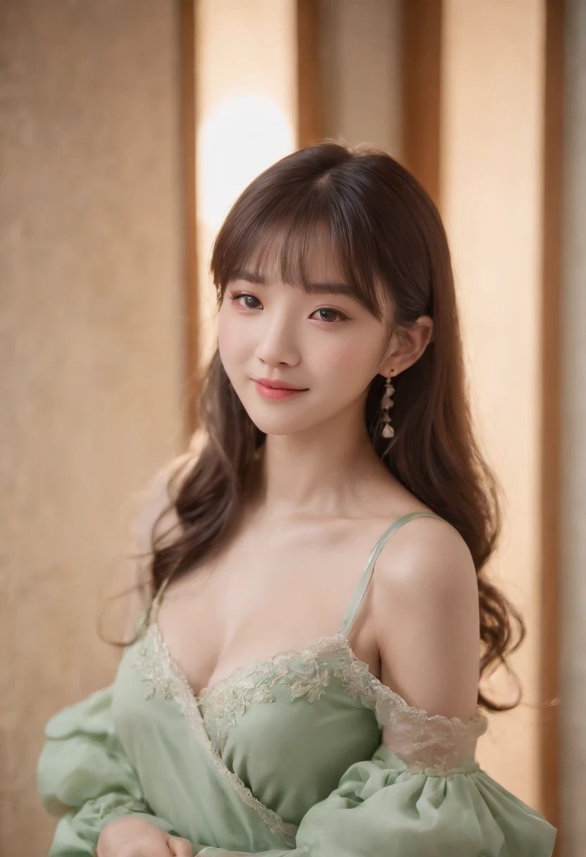 top-quality, Photorealsitic, masterpiece, 8K, Hi-Res, 独奏, 1girl, (((infp young woman))),sixteen years old、full bodyesbian、(small tits), ((Look at viewers)), (look at a camera), ((Various hairstyles close to long))、Perfect straight black hair、((With bangs))、 (profetional lighting), Highly detailed bright face、Gentle Japan girl、lovely smile、Small cleavage、Green dress(long-sleeve)、Standing in the room