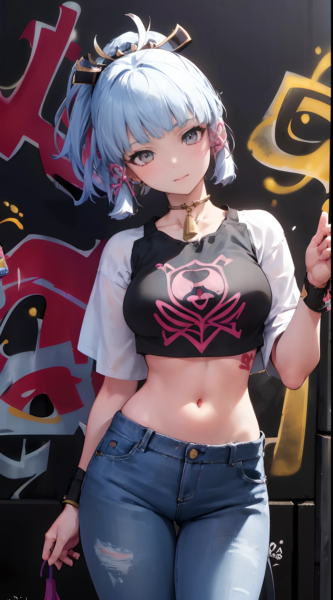 kamisato ayaka|genshin impact, master-piece, bestquality, 1girls,30 years old, proportional body, Big legs, Beautiful, proportional., crop top, Long Jeans, mediuml breasts, ,bara, crop top, choker, (Graffiti:1.5), Splash with purple lightning pattern., arm behind back, against wall, View viewers from the front., Thigh strap, Head tilt, bored,(NSTDA.:1.2), (10, beste-Qualit, master-piece: 1.4), Beautiful red hair, ultra-high resolution, (lifelike, photorealistic portrait: 1.48), (Looking Through Crop Tops.), Famous Japanese actors, beautiful clear eyes, Head tilt, cowboy shot, from the front, looking at the audience, expressionless, Beautiful lake, Zeiss 150mm F/ 2.8 Hasselblad,  Whole body, foot, Ultra-Wide Angle,