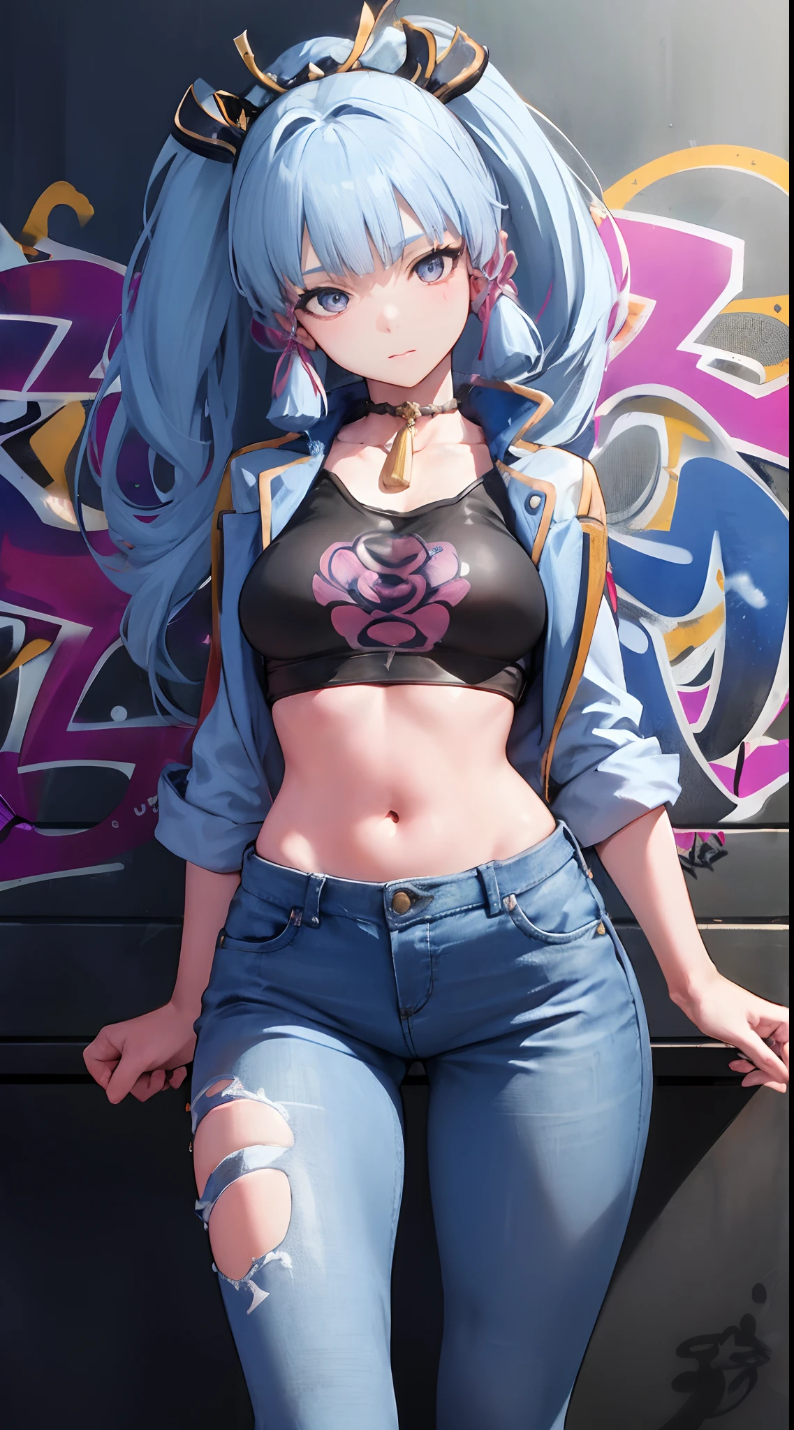 kamisato ayaka|genshin impact, master-piece, bestquality, 1girls,30 years old, proportional body, Big legs, Beautiful, proportional., crop top, Long Jeans, mediuml breasts, ,bara, crop top, choker, (Graffiti:1.5), Splash with purple lightning pattern., arm behind back, against wall, View viewers from the front., Thigh strap, Head tilt, bored,(NSTDA.:1.2), (10, beste-Qualit, master-piece: 1.4), Beautiful red hair, ultra-high resolution, (lifelike, photorealistic portrait: 1.48), (Looking Through Crop Tops.), Famous Japanese actors, beautiful clear eyes, Head tilt, cowboy shot, from the front, looking at the audience, expressionless, Beautiful lake, Zeiss 150mm F/ 2.8 Hasselblad, Whole body, foot, Ultra-Wide Angle,