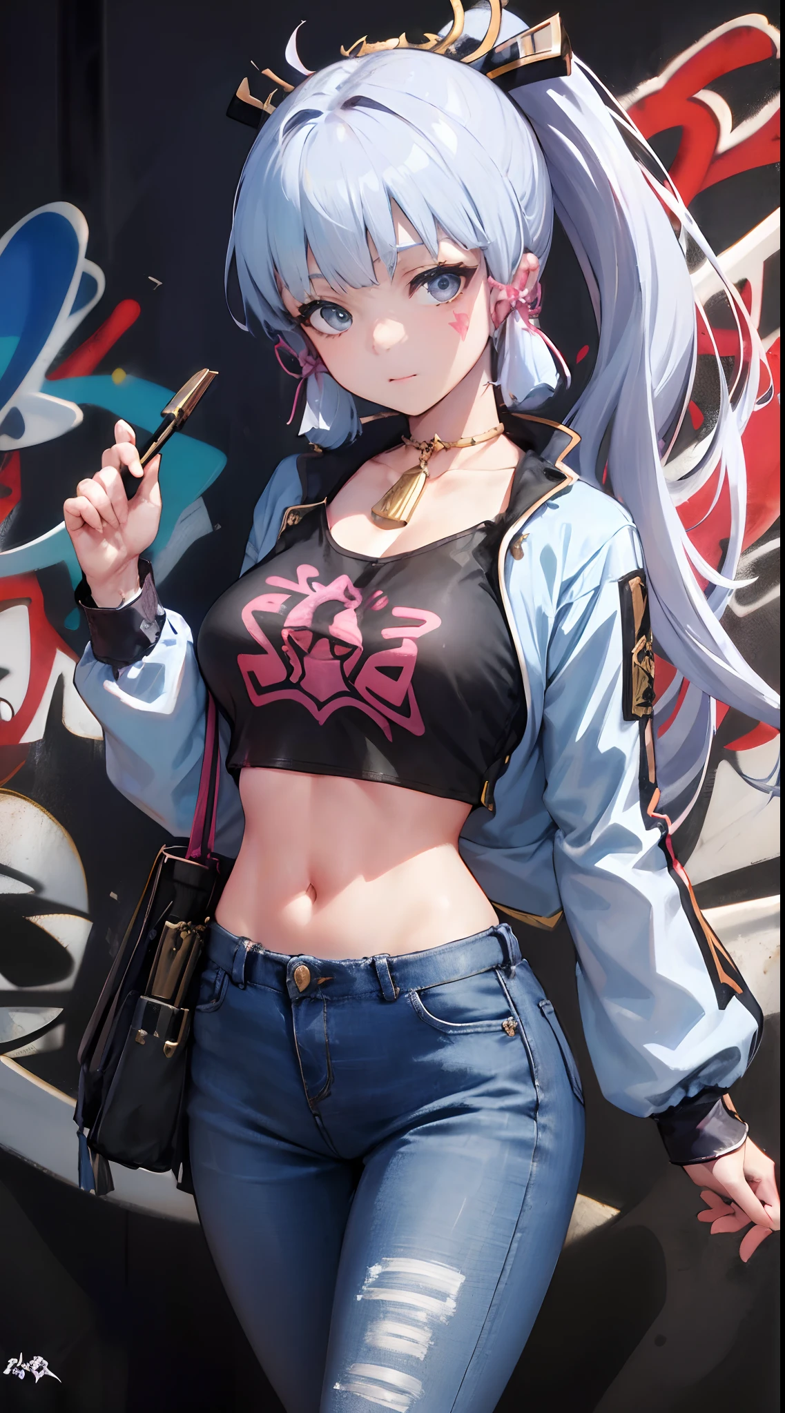 kamisato ayaka|genshin impact, master-piece, bestquality, 1girls,30 years old, proportional body, Big legs, Beautiful, proportional., crop top, Long Jeans, mediuml breasts, ,bara, crop top, choker, (Graffiti:1.5), Splash with purple lightning pattern., arm behind back, against wall, View viewers from the front., Thigh strap, Head tilt, bored,(NSTDA.:1.2), (10, beste-Qualit, master-piece: 1.4), Beautiful red hair, ultra-high resolution, (lifelike, photorealistic portrait: 1.48), (Looking Through Crop Tops.), Famous Japanese actors, beautiful clear eyes, Head tilt, cowboy shot, from the front, looking at the audience, expressionless, Beautiful lake, Zeiss 150mm F/ 2.8 Hasselblad,  Whole body, foot, Ultra-Wide Angle,