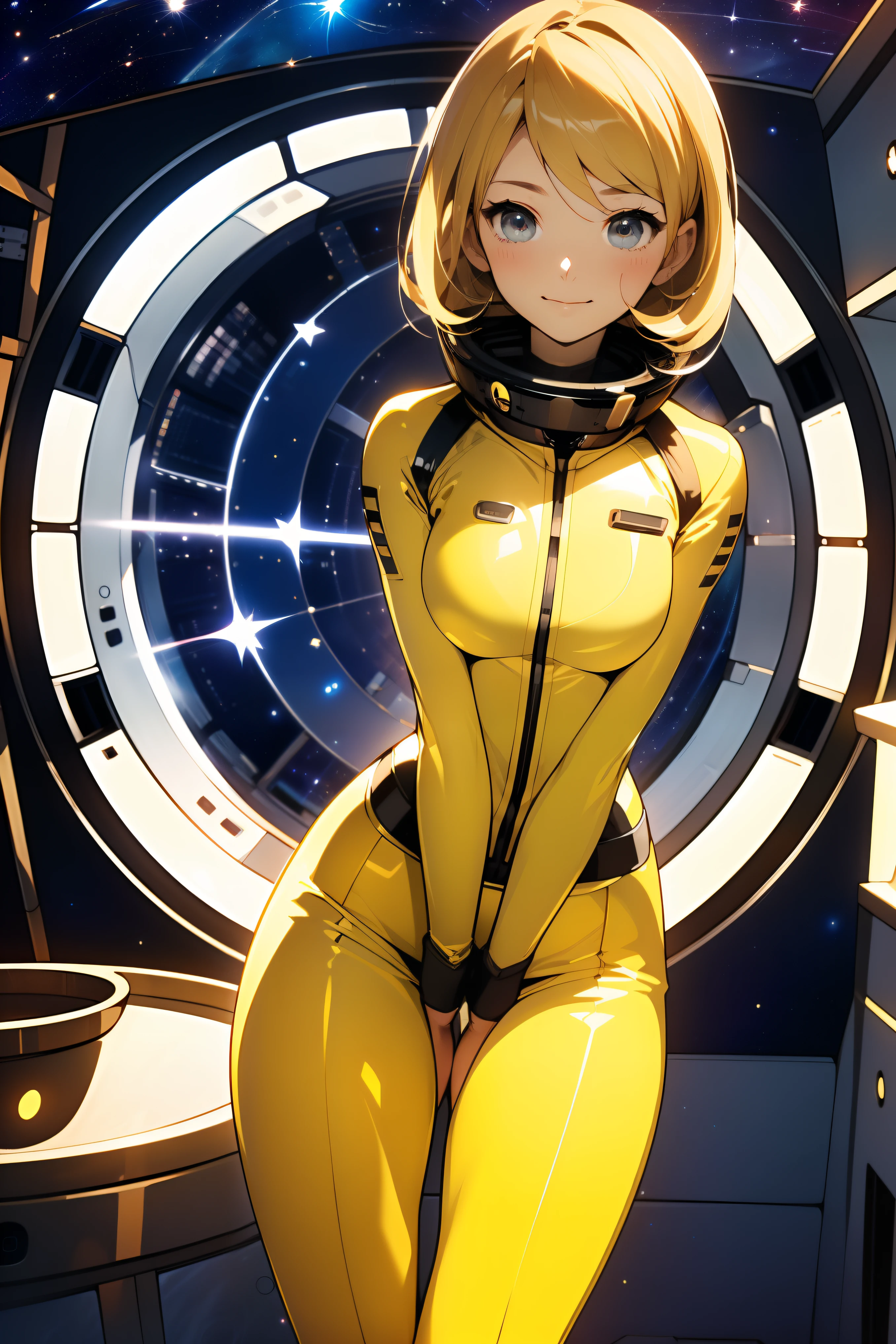 (masterpiece, best quality:1.2), (cowboy shot:1.1), solo, 1girl, mori yuki, slight smile, closed mouth, looking at viewer, blonde hair, thigh gap, yellow bodysuit, skin-tight, perfect body, belt, large window, (starship porthole:1.3), from front, (spread legs:1.3), (standing:1.1), thigh gap, perfect hands, bright starship interior, (outer space view:1.1), (orbital view:1.3), (night, stary sky:1.5), milky way