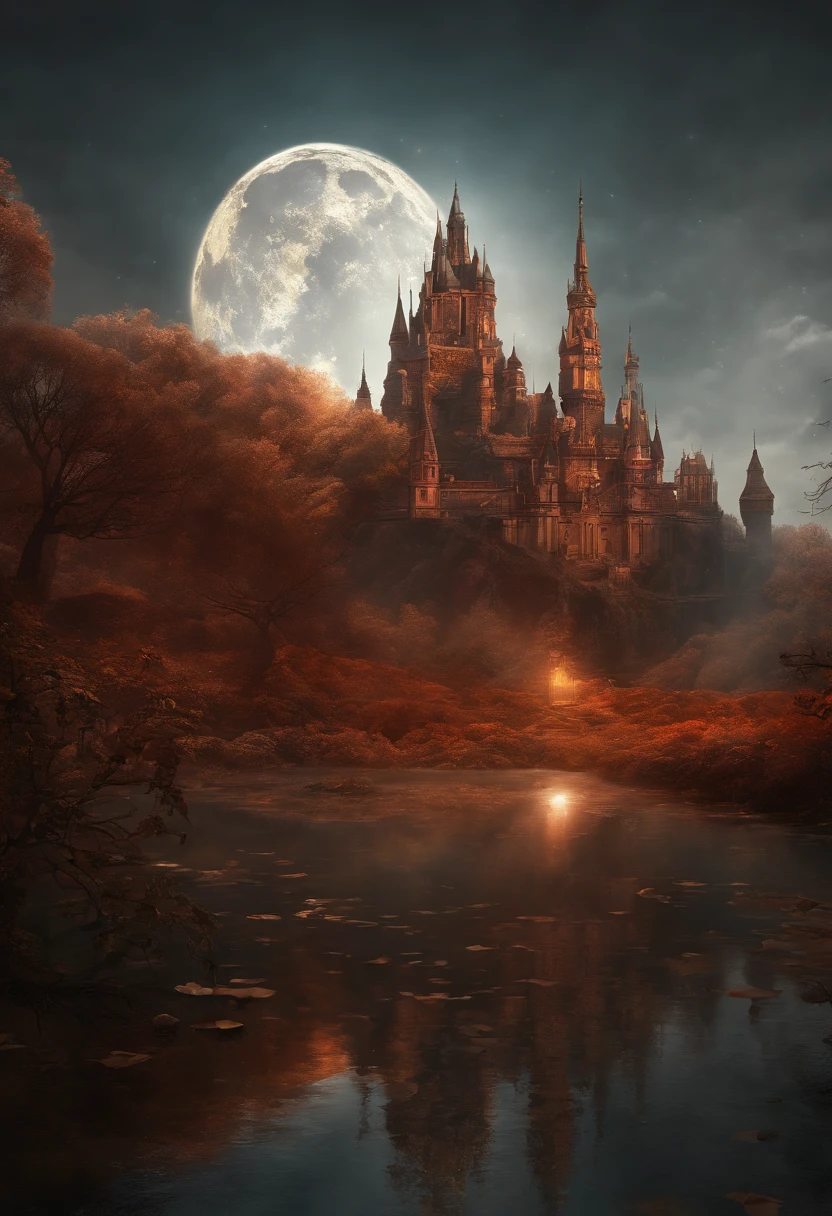 Background: Mysterious outer space, Floating mountains, avatar landscape, Water channels, Hallelujah Hill, (Giant castle floating in the air: 1.5), (Reflection: 1.2), amazing alien landscape, floating and flying island, Land floating in the clouds, Alien landscape, Movie dystopia, Epic matte painting, alien mountains, environment concept art, Movie dystopia, Red sun in the sky, Epic red, Distant cyberpunk city, Moon, (Banshee of Avatar: 0.8), Flower fantasy futuristic city, Dutch Golden Age painting, Fuji colors, Shining, Blurry, fading border, partial underwater shot, Masterpiece, 8K, In a red dream, A beautiful artwork illustration, forest, matte painting in fantasy style, Cubist futurism, cubismo, romanticism lain, surrealism, Cinematic lighting, Divine light, Fuji colors, Sparkling, in a panoramic view, Perspective overlook, vanishing point, Sony FE GM, 8K