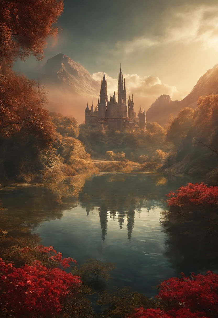 Background: Mysterious outer space, Floating mountains, avatar landscape, Water channels, Hallelujah Hill, (Giant castle floating in the air: 1.5), (Reflection: 1.2), amazing alien landscape, floating and flying island, Land floating in the clouds, Alien landscape, Movie dystopia, Epic matte painting, alien mountains, environment concept art, Movie dystopia, Red sun in the sky, Epic red, Distant cyberpunk city, Moon, (Banshee of Avatar: 0.8), Flower fantasy futuristic city, Dutch Golden Age painting, Fuji colors, Shining, Blurry, fading border, partial underwater shot, Masterpiece, 8K, In a red dream, A beautiful artwork illustration, forest, matte painting in fantasy style, Cubist futurism, cubismo, romanticism lain, surrealism, Cinematic lighting, Divine light, Fuji colors, Sparkling, in a panoramic view, Perspective overlook, vanishing point, Sony FE GM, 8K