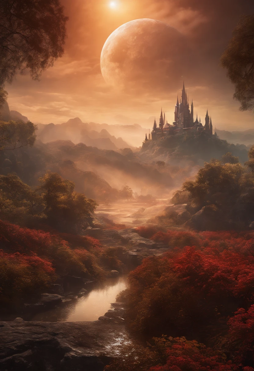 Background: Mysterious outer space, Floating mountains, avatar landscape, Water channels, Hallelujah Hill, (Giant castle floating in the air: 1.5), (Reflection: 1.2), amazing alien landscape, floating and flying island, Land floating in the clouds, Alien landscape, Movie dystopia, Epic matte painting, alien mountains, environment concept art, Movie dystopia, Red sun in the sky, Epic red, Distant cyberpunk city, Moon, (Banshee of Avatar: 0.8), Flower fantasy futuristic city, Dutch Golden Age painting, Fuji colors, Shining, Blurry, fading border, partial underwater shot, Masterpiece, 8K, In a red dream, A beautiful artwork illustration, forest, matte painting in fantasy style, Cubist futurism, cubismo, romanticism lain, surrealism, Cinematic lighting, Divine light, Fuji colors, Sparkling, in a panoramic view, Perspective overlook, vanishing point, Sony FE GM, 8K