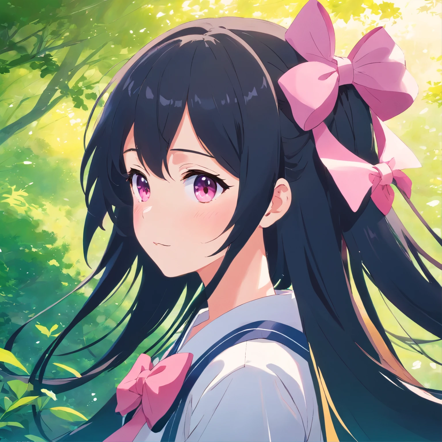 anime girl with long black hair and a pink bow