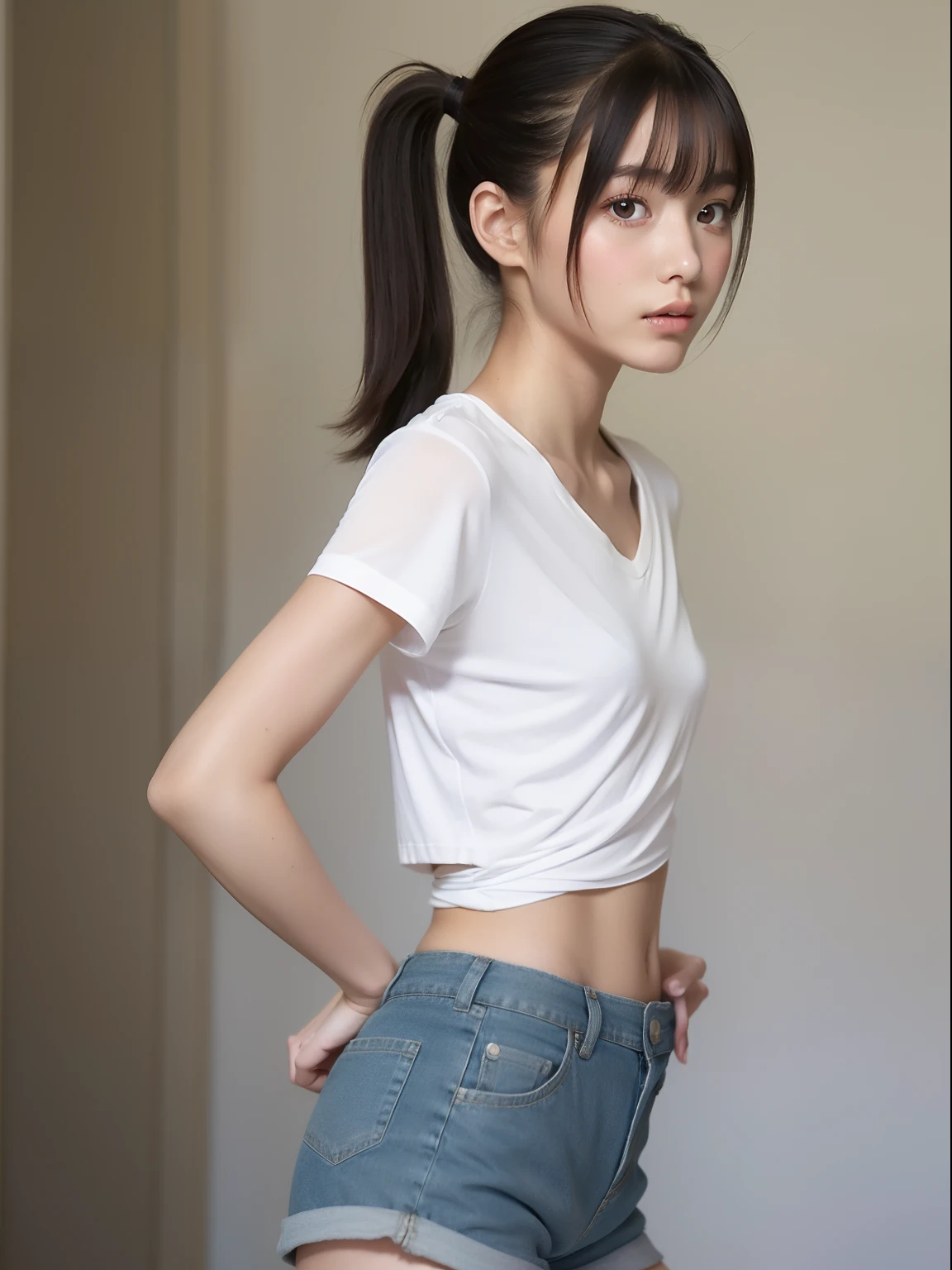 Arafed Asian Woman In A White Shirt And Blue Shorts SeaArt AI Arafed Asian Woman In A White Shirt And Blue Shorts SeaArt AI