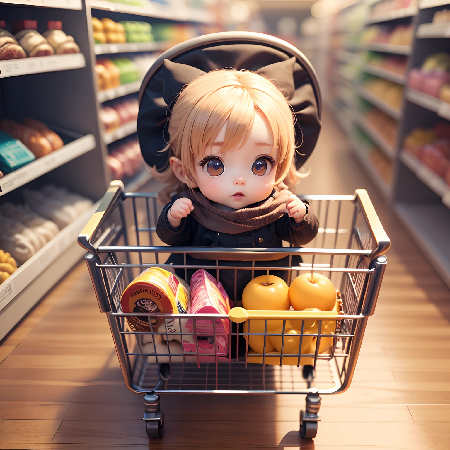 Cute Baby Chibi Anime、(((Chibi 3D))) (Best Quality), (masutepiece)、Chibi Supermarket、Food Section Display Cabinet、shopping cart、The shopping cart is full of food