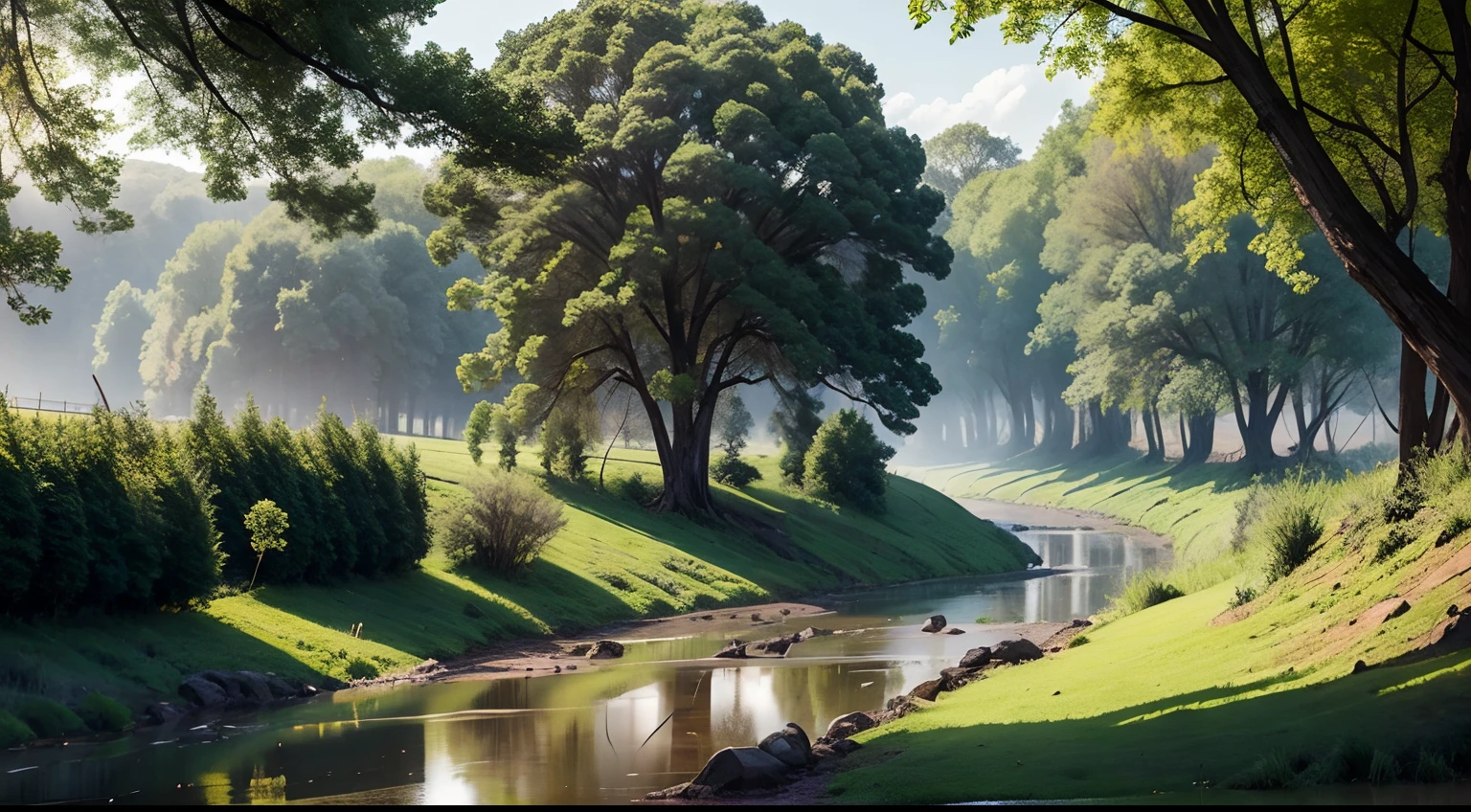 Plains, River, Leafy trees, farm