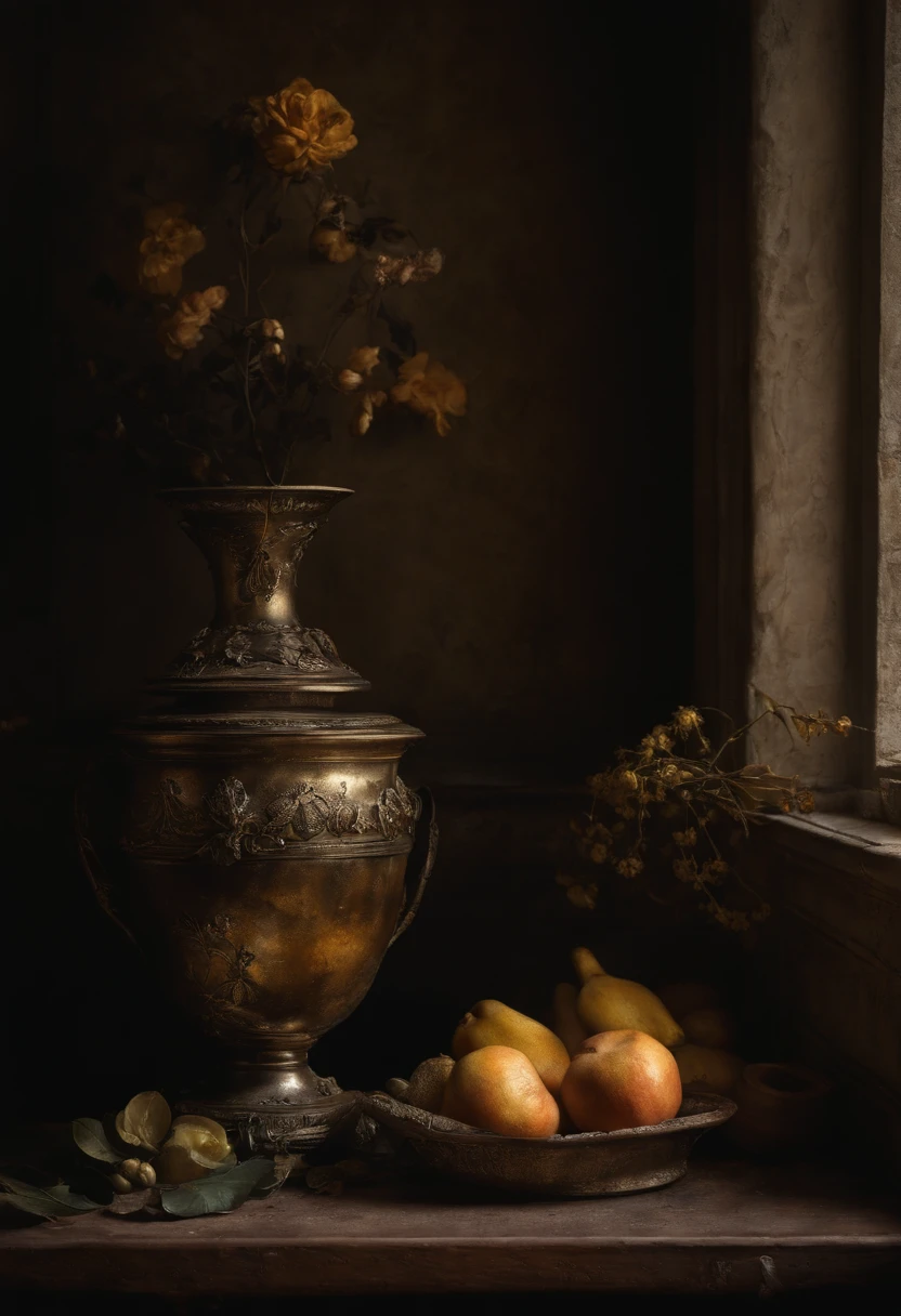 An elaborate description of the prompt:
"best quality, highres, masterpiece:1.2, ultra-detailed, realistic:1.37, dark still life, oil painting, mysterious atmosphere, dim lighting, rich textures, vivid colors, intricate details, intense shadows, aged objects, antique props, tarnished silverware, wilted flowers, decaying fruits, subtle reflections, gloomy ambiance, haunting beauty, macabre elements, delicate brushstrokes, compelling composition, classical art style, contrast in tones, dramatic shadows, eerie presence, uncanny objects, intricate details of decay, somber color palette, depth and dimension captured, emotions hidden in darkness, realistic rendering, intense chiaroscuro, exquisite textures, minute details of every object, impeccable accuracy in depicting aging, haunting fragility, ethereal ambiance, complex layers of symbolism."