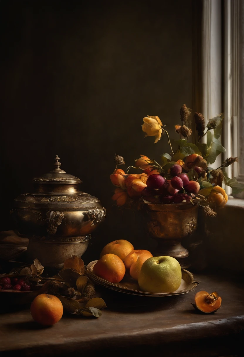 An elaborate description of the prompt:
"best quality, highres, masterpiece:1.2, ultra-detailed, realistic:1.37, dark still life, oil painting, mysterious atmosphere, dim lighting, rich textures, vivid colors, intricate details, intense shadows, aged objects, antique props, tarnished silverware, wilted flowers, decaying fruits, subtle reflections, gloomy ambiance, haunting beauty, macabre elements, delicate brushstrokes, compelling composition, classical art style, contrast in tones, dramatic shadows, eerie presence, uncanny objects, intricate details of decay, somber color palette, depth and dimension captured, emotions hidden in darkness, realistic rendering, intense chiaroscuro, exquisite textures, minute details of every object, impeccable accuracy in depicting aging, haunting fragility, ethereal ambiance, complex layers of symbolism."