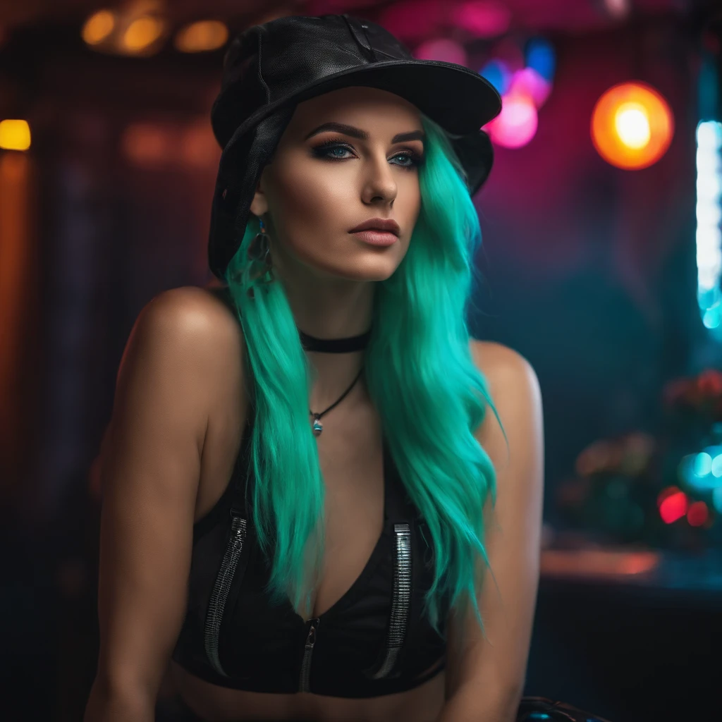 ((best quality)), ((Meisterwerk)), ((realistisch)) and ultra-detailed photography of a 1nerdy girl with goth and neon colors. Sie hat ((turquoise hair)), wears a techwear jacket and exudes a vibe ((beautiful and aesthetic)), sexy, Underboobs, hot, Zaubertrank-Fee, Elixiere der Verzauberung zusammenbrauen. Neon leuchtende Haare, echte Frau mit neon leuchtenden Haaren, echtes model, real, echtes photoshooting,