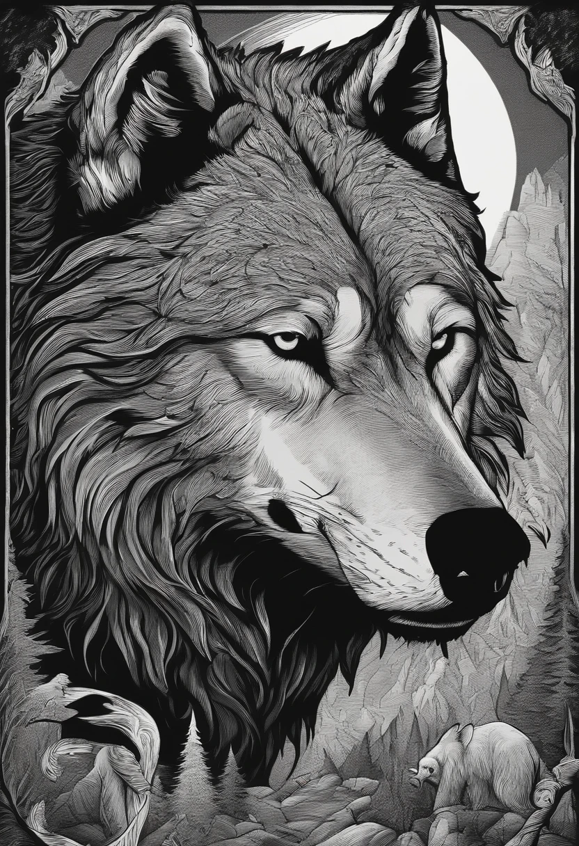 /imagine prompt: Big wolf illustration with sticker on black background,The outline is bold, Jagged edges, Trash core, medieval times,Light and Shadow - V 5.2
