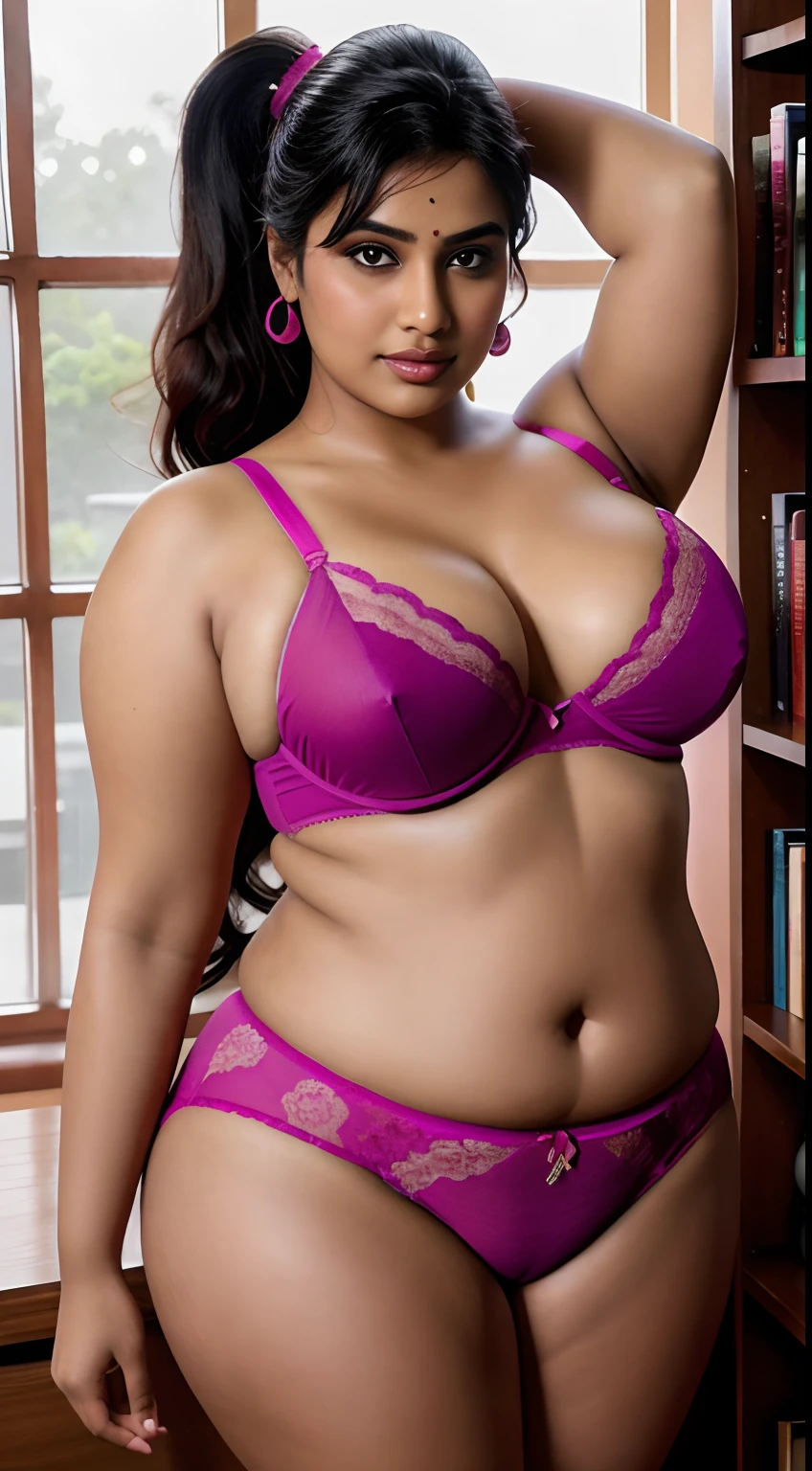 Indian chubby model as a librarian, chubby figure, plus size figure, breast size 40d, magenta bra and panty, ponytail,colorful books, bookshelf, hot figure, sexy expression, seductive pose, xxx, naughty, cool light, soft light, some mist in the air, dramatic, 4k, realistic, daylight ambient, smokey ambient