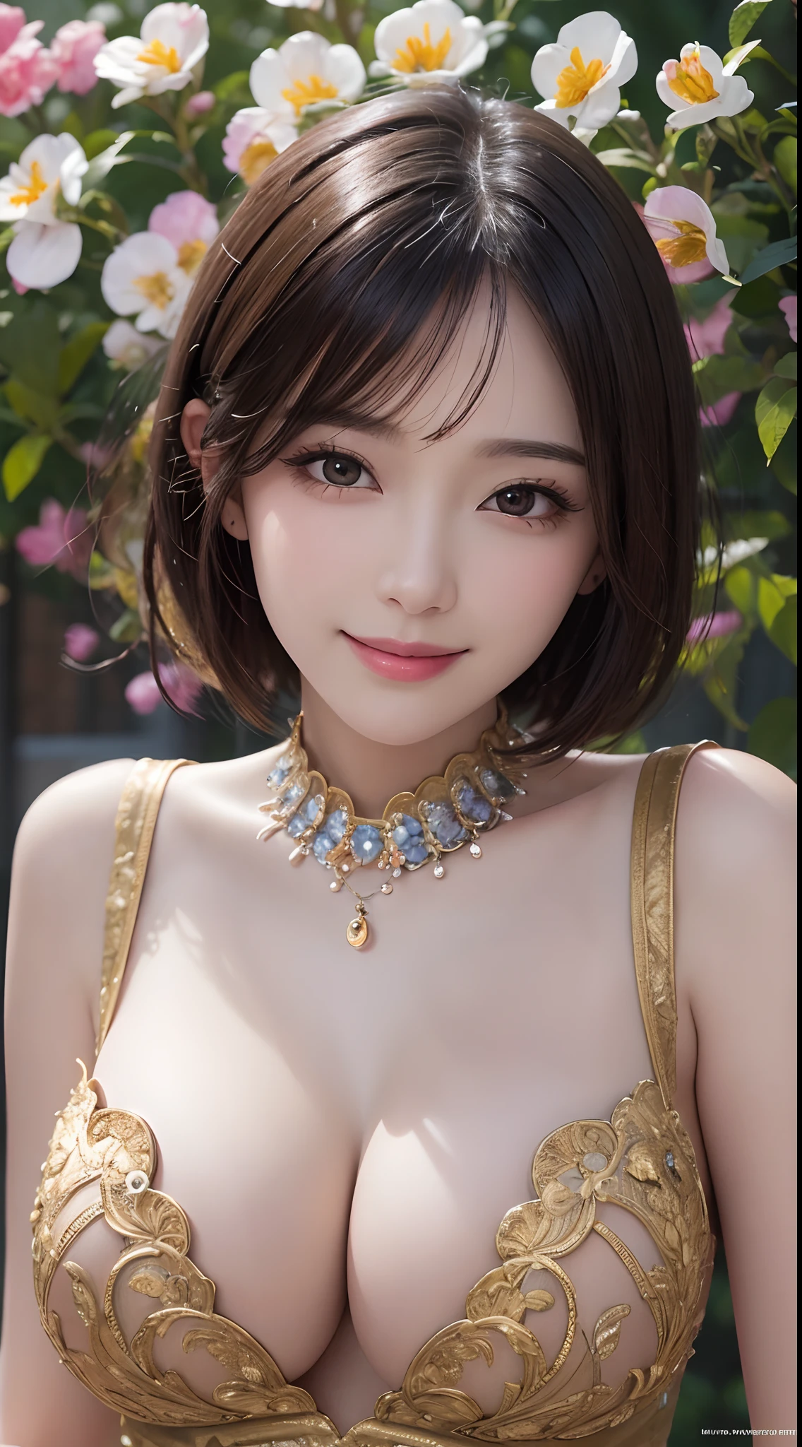ultra detailed, beautiful, masterpiece, best quality, detailed beautiful round eyes, beautifully detailed face, medium short hair, big breasts, cleavage, slim waist, goddess, perfect face, perfect body, smile, garden, crepuscular rays