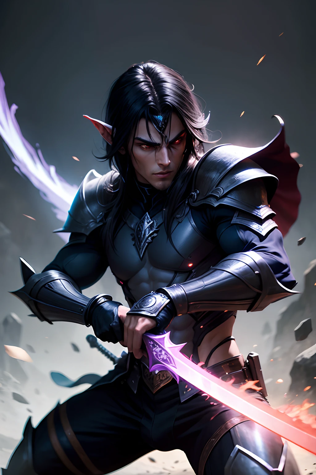 Attractive dark elf practicing with his sword, action shot, colorful cinematic lighting modern comic art