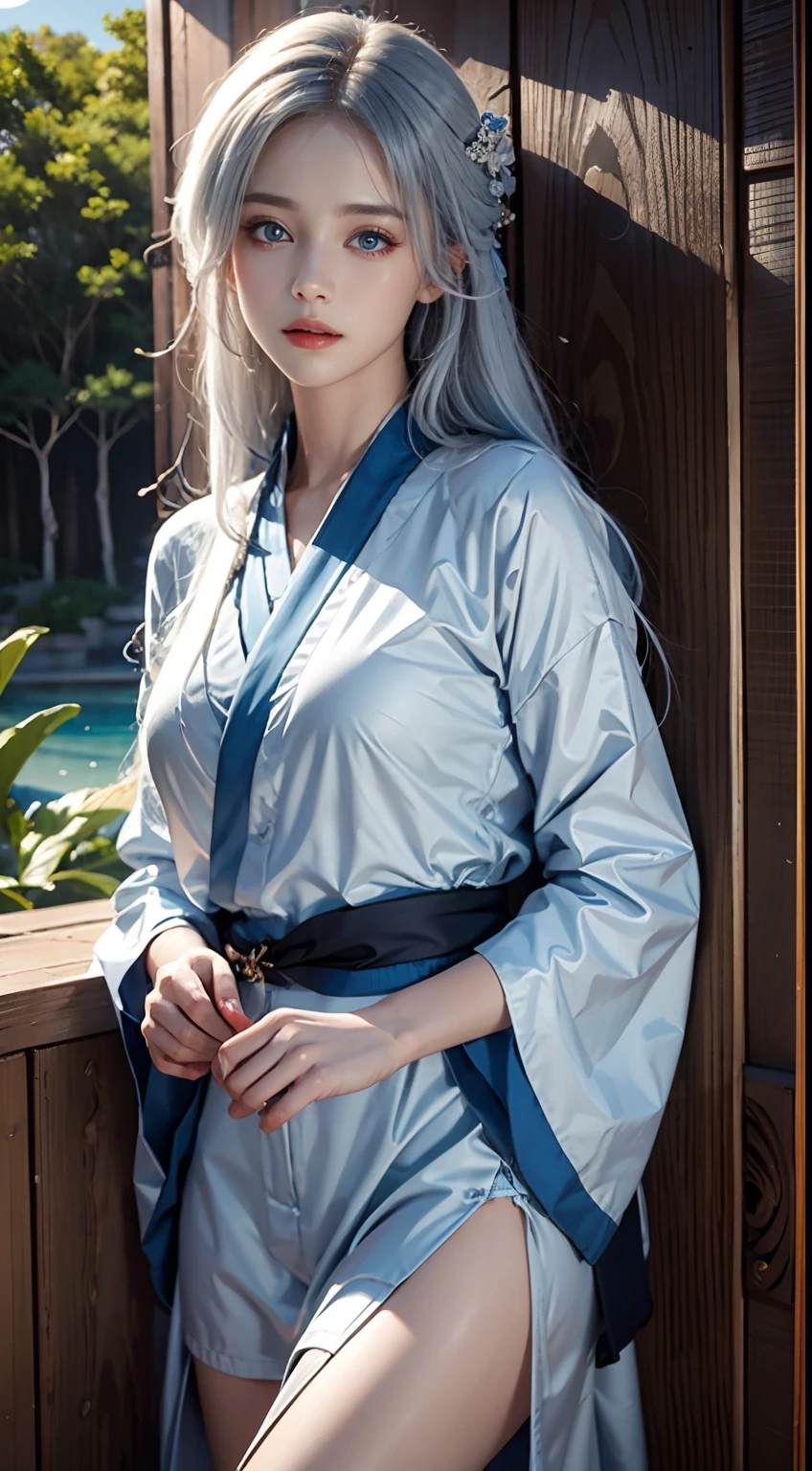 photorealistic, masterpiece, photorealistic, high resolution, soft light, waist up, blue eyes, white hair, long hair, short kimono, open clothes,