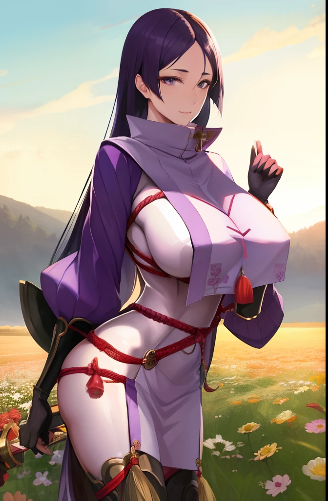 masterpiece, best quality, highres, hmmr1, minamoto no raikou (fate), high collar, gloves, japanese clothes, loincloth, (breast curtain:1.1), ribbed sleeves, rope, (bodysuit:1.2), standing, outdoors, field, flower, cowboy shot,