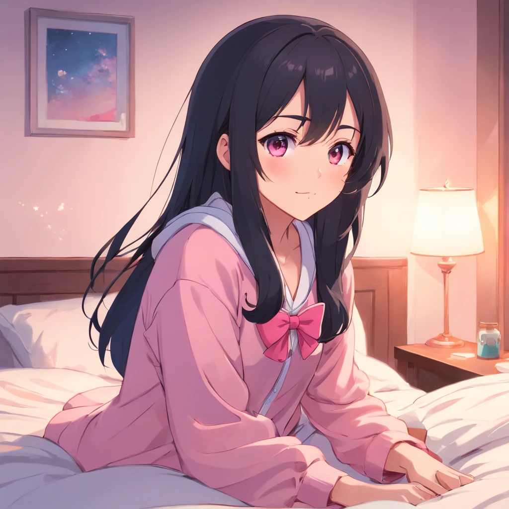 anime girl with long black hair and a pink bow,bedroom,pajamas,onesie,