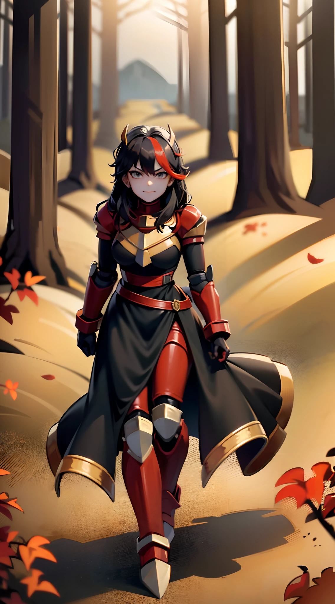 ((Masterpiece, Best Quality)): 1Girl, Princess Ryuko matoi wearing : Heavy red black and gold Knight Armor, black knight shoulder pauldrons, heavily armored black knight helmet, heavy mech armor, draconian armor, cyber armor red and black, gold belt, heavy red black dress, long hair, long tapered red dress with gold and black highlights, princess armor, long flowing black dress with red highlights and gold waist belt, red mechsuit, looking at viewer at eye-level, full-body, forest background, forest background with large mountains, heavy armored black gold and red dress, looking at viewer with closed smirk,