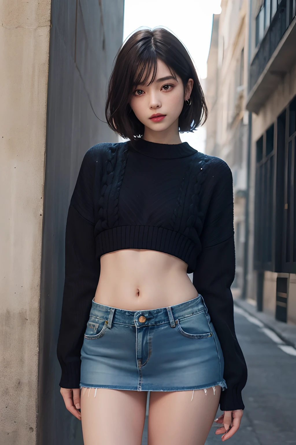 (masuter piece:1.3)、(8K、Photorealsitic、Raw photography、top-quality: 1.4)、(1girl in)、beautiful countenance、(Lifelike face)、(A dark-haired、short-hair:1.3)、Beautiful hairstyle、realisticeyes、Beautiful details、(real looking skin)、Beautiful skins、absurderes、enticing、超A high resolution、A hyper-realistic、high-detail、the golden ratio、((wide open abdomen))、((open abdomen))、((wide open navel))、((open navel))、((Mid-Riff Sweater))、((Ultra-low rise、Denim Mini Skirt))、((Navel Ejection))、((small hips))、((long limbs))、((Full body depiction))、((A slender))、((small hip))、(Ultra-low rise))、((Denim Mini Skirt))、((is standing))、