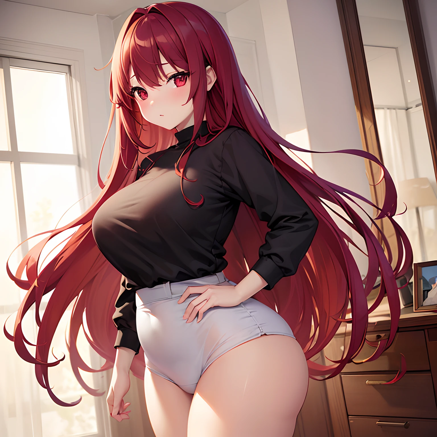 Masterpiece, high resolution, extremely detailed, realistic, 1girl, long red hair, brilliant red eyes, cute round face, cute eyes, chubby face, wearing oversized shirt, shirt tug, no pants, only wearing shirt, medium to big bust, thick legs, wide hips, standing in bedroom, (embarressed), (lovestruck), (blushing)