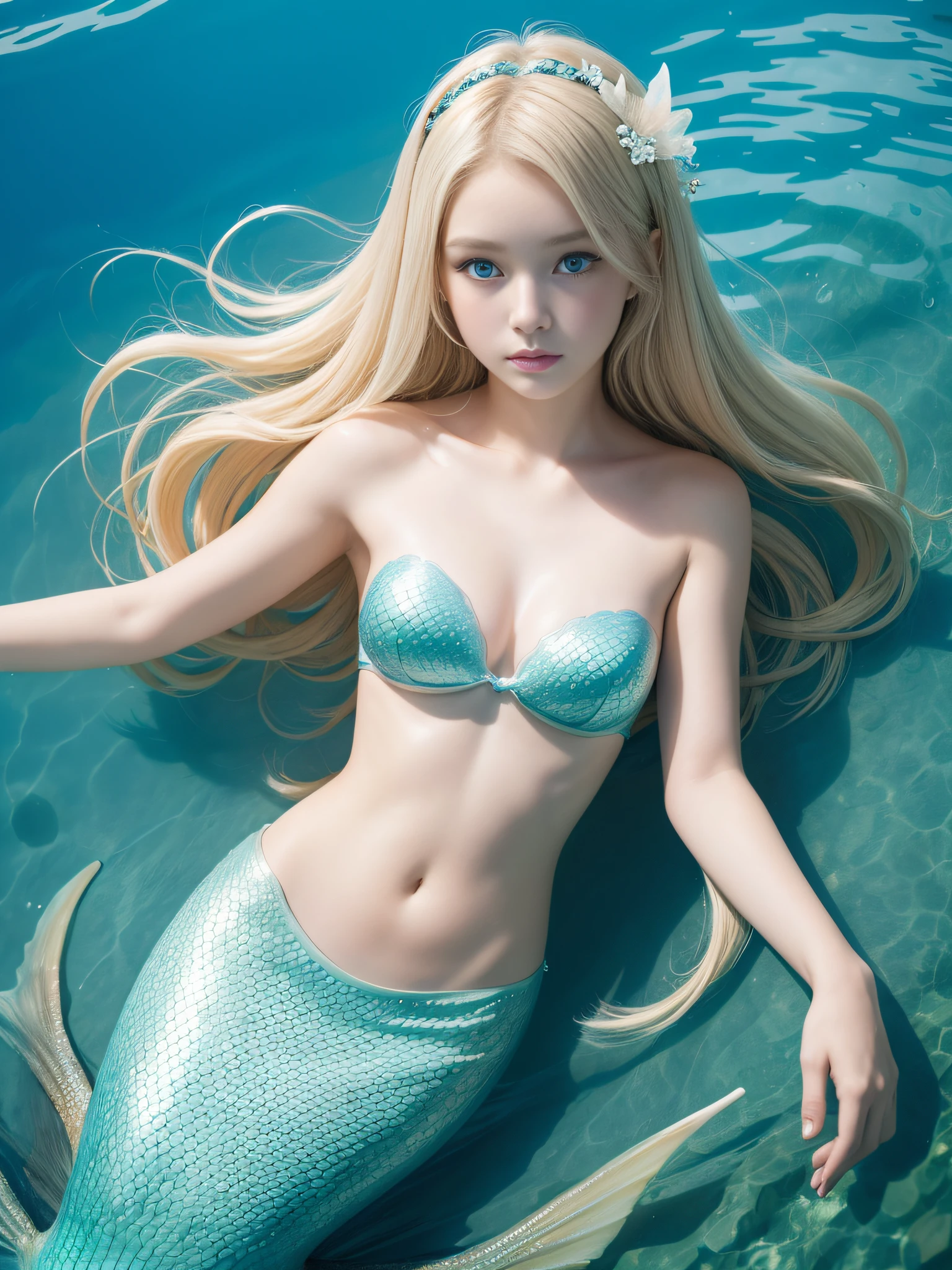 8K、Girl dressed as a mermaid Underwater - Sea、mermaid、15-year-old beautiful girl、Slightly baby-faced、Very light platuna blonde hair、Light blue eyes