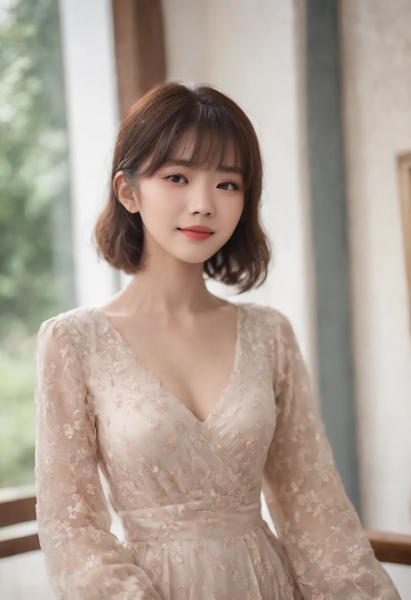 top-quality, Photorealsitic, masterpiece, 8K, Hi-Res, 独奏, 1girl, (((infp young woman))),sixteen years old、full bodyesbian、(small tits), ((Look at viewers)), (look at a camera), ((Various hairstyles close to long))、Perfect straight black hair、((With bangs))、 (profetional lighting), Highly detailed bright face、Gentle Japan girl、lovely smile、Small cleavage、Floral dress(long-sleeve)、Standing in the room