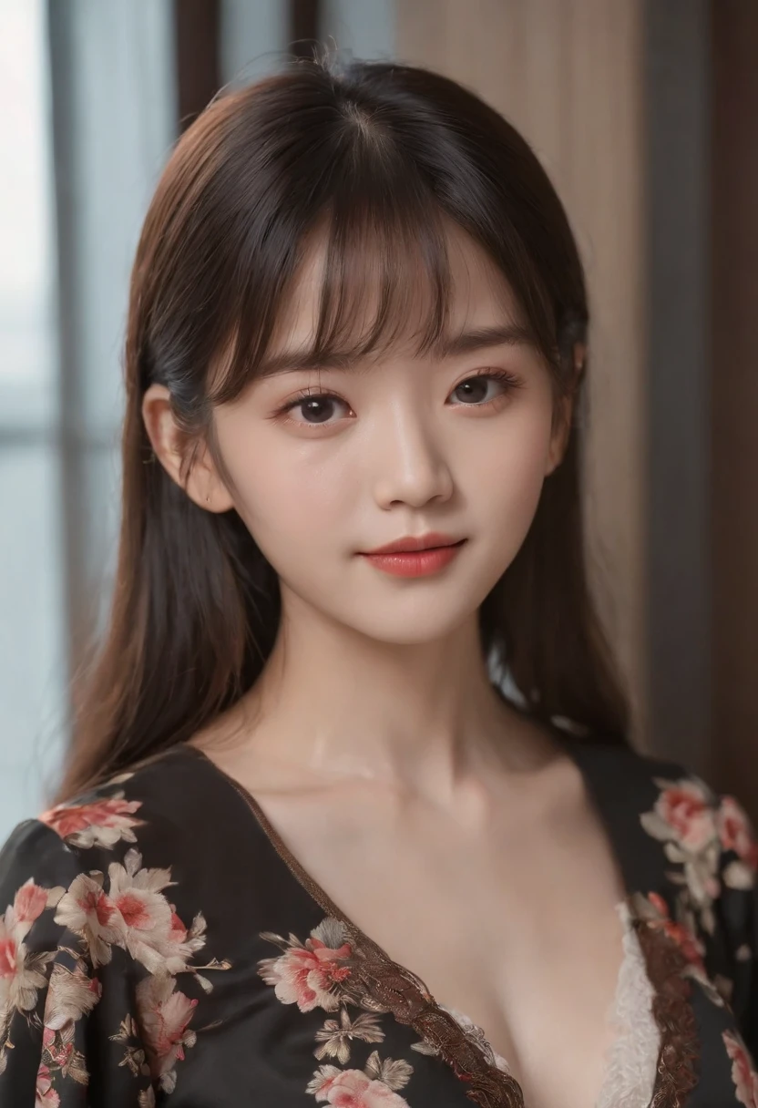 top-quality, Photorealsitic, masterpiece, 8K, Hi-Res, 独奏, 1girl in, (((infp young woman))),sixteen years old、full body Esbian、(small tits), ((Look at viewers)), (look at a camera), ((Different hairstyles close to long))、Perfect straight black hair、(((With bangs)))、 (profetional lighting), Highly detailed bright face、Gentle Japan girl、Lovely smile、Small cleavage、black dress with lace(long-sleeve)、Standing in the room