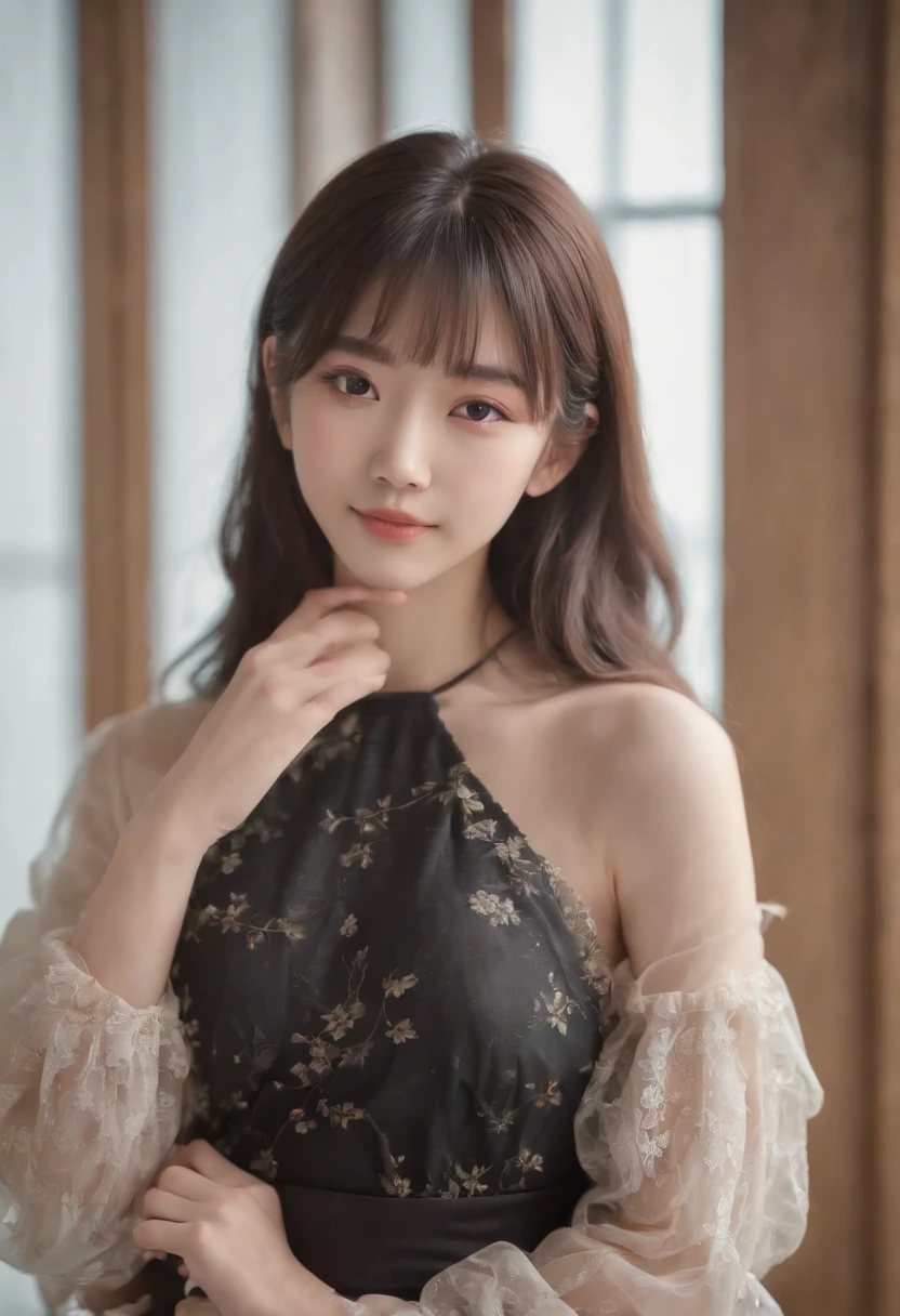 top-quality, Photorealsitic, masterpiece, 8K, Hi-Res, 独奏, 1girl, (((infp young woman))),sixteen years old、full bodyesbian、(small tits), ((Look at viewers)), (look at a camera), ((Various hairstyles close to long))、Perfect straight black hair、((With bangs))、 (profetional lighting), Highly detailed bright face、Gentle Japan girl、lovely smile、Small cleavage、Floral dress(long-sleeve)、Standing in the room