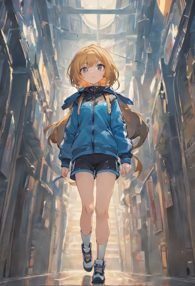 ((masterpiece))),((ultra-detailed)), high resolution, (extremely detailed illustration), solo, hood, blue jacket, shorts, pouch, belt, pantyhose, black camisole vest, white shirt