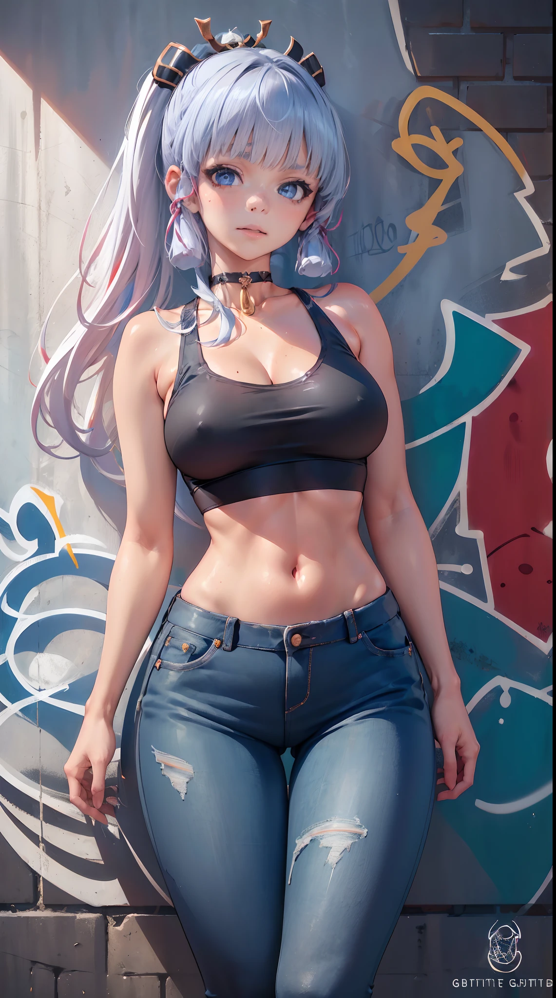 kamisato ayaka|genshin impact, master-piece, bestquality, 1girls,30 years old, proportional body, Big legs, Beautiful, proportional., crop top, Long Jeans, mediuml breasts, ,bara, crop top, choker, (Graffiti:1.5), Splash with purple lightning pattern., arm behind back, against wall, View viewers from the front., Thigh strap, Head tilt, bored,(NSTDA.:1.2), (10, beste-Qualit, master-piece: 1.4), Beautiful red hair, ultra-high resolution, (lifelike, photorealistic portrait: 1.48), (Looking Through Crop Tops.), Famous Japanese actors, beautiful clear eyes, Head tilt, cowboy shot, from the front, looking at the audience, expressionless, Beautiful lake, Zeiss 150mm F/ 2.8 Hasselblad, Whole body, foot, Ultra-Wide Angle,