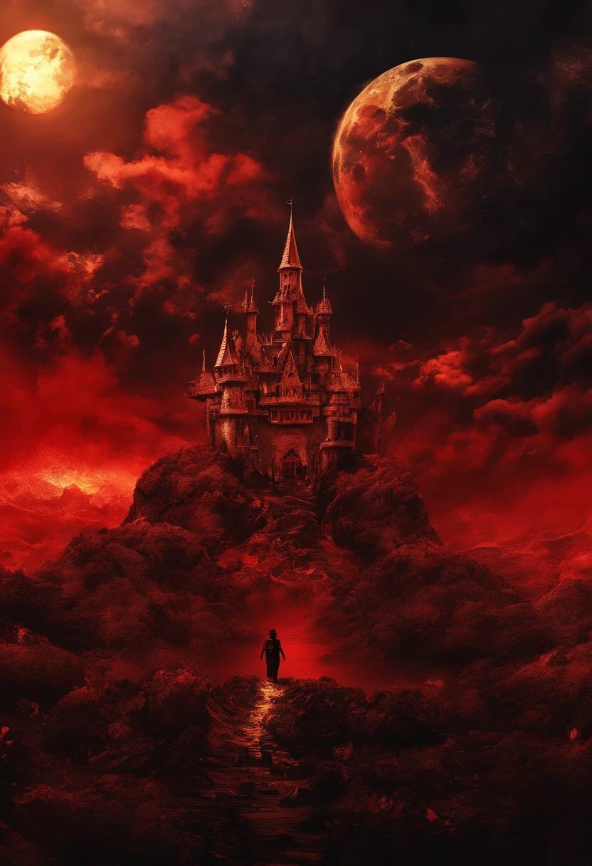 Background: Mysterious outer space, Floating mountains, avatar landscape, Water channels, Hallelujah Hill, (Giant castle floating in the air: 1.5), (Reflection: 1.2), amazing alien landscape, floating and flying island, Land floating in the clouds, Alien landscape, Movie dystopia, Epic matte painting, alien mountains, environment concept art, Movie dystopia, Red sun in the sky, Epic red, Distant cyberpunk city, Moon, (Banshee of Avatar: 0.8), Flower fantasy futuristic city, Dutch Golden Age painting, Fuji colors, Shining, Blurry, fading border, partial underwater shot, Masterpiece, 8K, In a red dream, A beautiful artwork illustration, forest, matte painting in fantasy style, Cubist futurism, cubismo, romanticism lain, surrealism, Cinematic lighting, Divine light, Fuji colors, Sparkling, in a panoramic view, Perspective overlook, vanishing point, Sony FE GM, 8K