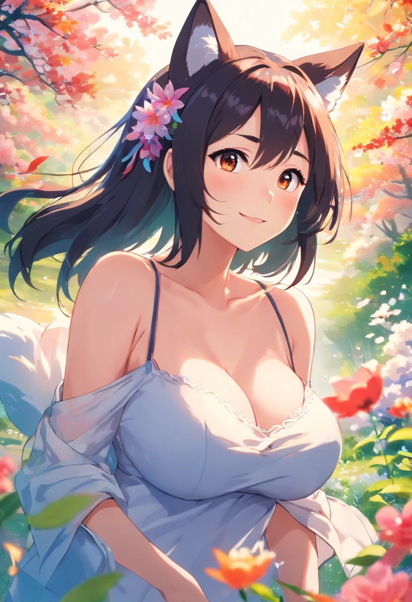 ((Best quality, 8K, Masterpiece: 1.4)),((Amazing detail: 1.3)),((illustration, Huge breasts: 1.2)),((High resolution1.1)),1girll,fox spirit,Kitsune,Long black hair,Fox ears,red hairband,flowers in head,wariza,Translucent bandeau top,Anime style,Manga,Sexy,exposed,Makeup,torogao,Seductive smile,eyes half closed,Simple background,mitts,Amazing art of painting,Colorful background,full bodyesbian,