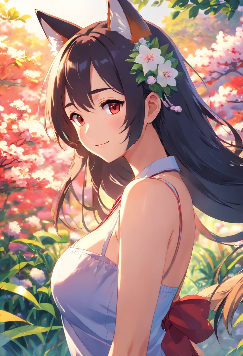 ((Best quality, 8K, Masterpiece: 1.4)),((Amazing detail: 1.3)),((illustration, Huge breasts: 1.2)),((High resolution1.1)),1girll,fox spirit,Kitsune,Long black hair,Fox ears,red hairband,flowers in head,wariza,Translucent bandeau top,Anime style,Manga,Sexy,exposed,Makeup,torogao,Seductive smile,eyes half closed,Simple background,mitts,Amazing art of painting,Colorful background,full bodyesbian,