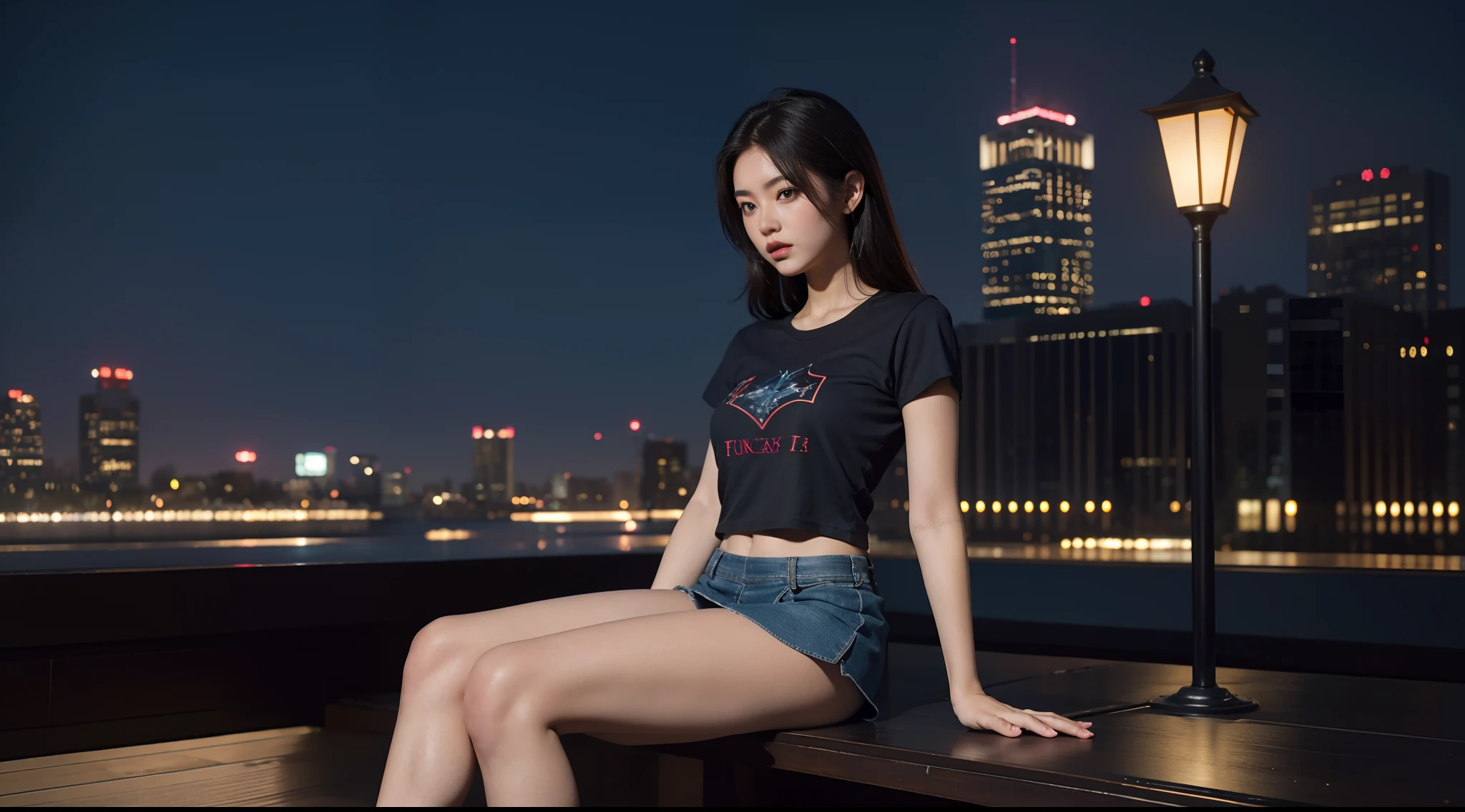 ((midynight, Acura, 8K, tmasterpiece: 1.3)), The upper part of the body, Focalors: 1.2, perfect figure beautiful woman: 1.4, Slim abs: 1.1, (dark brown hair,: 1.2 )), (blue tight t-shirt, short skirt,sitting on a stool: 1.2), (city night scene, the roof: 1.3)), Highly Detailed Face and Skin Textur, detailedeyes, 二重まぶた,{Wear a high-end suit}