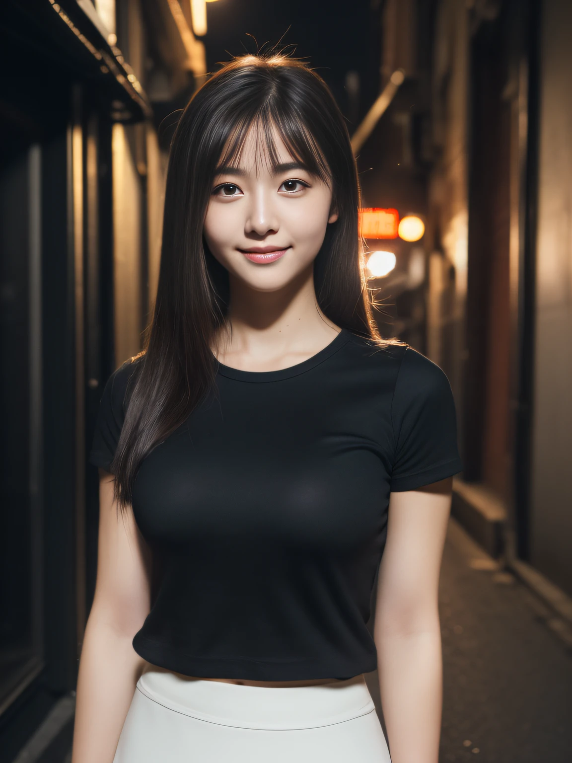 (Raw photo:1.2), (Photorealsitic:1.4), huge filesize, hight resolution, ighly detailed, top-quality, (masterpiece:1.6),(Hyper-realistic: 1.4), ighly detailed, nffsw, finely detail, top-quality, 8k wallpaper,People with Japan,((Girl with clear white skin)),17 age、Full body shot:1.2、((Muscle Girl:1.3, Giant physique:1.3, thick neck:1.3, thick and strong arms:1.3, thick and powerful legs:1.3))、((huge-breasted:1.4)),((Lori face:1.2))、Narrow eyes, cute face, Narrow eyes,((A smile))、((Straight hair、One-length cut))、((((Black short-sleeved shirt、Black Pencil Skirt))))、((Stand at the end of a narrow alley in the middle of the night、A big city lined with neon-lit Western-style izakayas))、 (Realistic: 1.3), (Smooth lighting: 1.05), (Improved cinematic lighting: 0.9), Realistic lighting, Backlight, Face Light, raytrace, (Whitening light: 1.2), ( Top quality real skins: 1.4), (Body Line Mood Increase:1.1), (Skin Texture Enhancement Beauty:1.1),