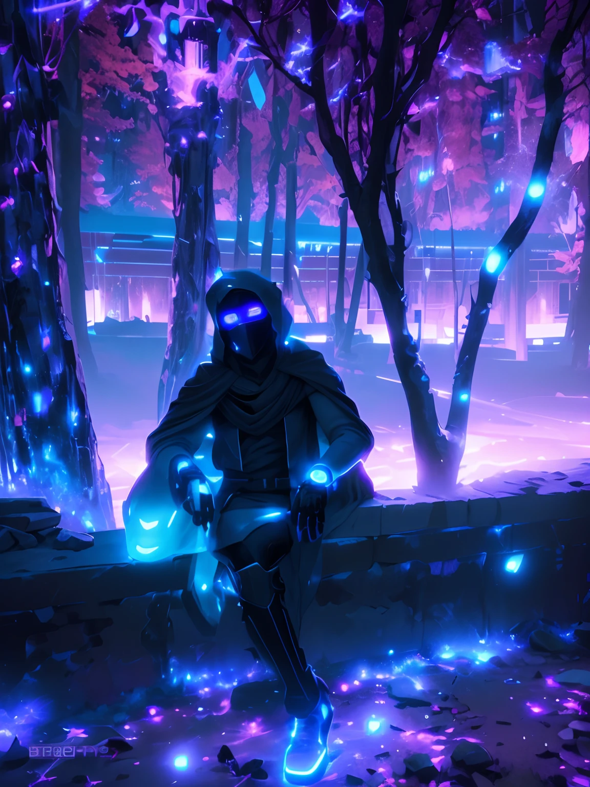 Realistic, shiny, reflective, bioluminescent, galactic cybernetic mask, mecha, (assassin: 1.2), ((scarf, long cloak))), SH4G0D, GlowingRunes_red, full body, sideways, cinnamon, dark background, starry sky, big moon, backlight, high contrast,