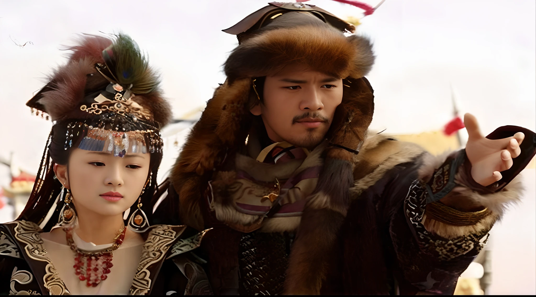 They wear traditional Chinese clothing,Take scissors, a young woman as genghis khan, genghis khan, from three kingdoms, mongol, fantasy still, tengri, live-action moviees, sci-fi tibetan fashion, 张艺谋 in the mood of, gong li, wang liang, kazakh empress, Bo Feng
