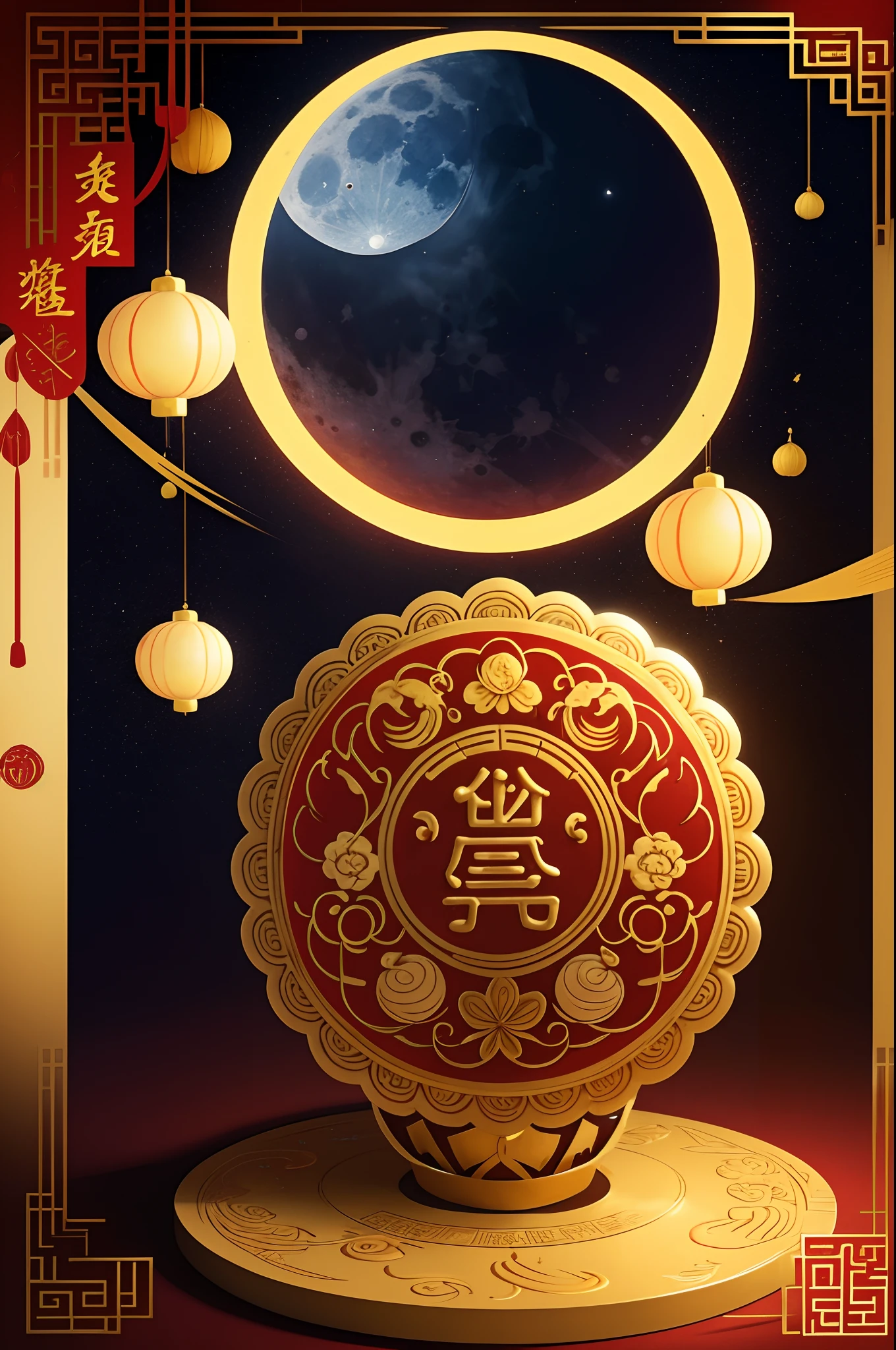 moon cake poster,illustration,moon cake patterns,cute moon cake characters,traditional Chinese colors: red, gold, yellow,lunar festival,delicious fillings,traditional designs,circular pastry,middle-autumn celebration,harvest,full moon,best quality,ultra-detailed,realistic,photorealistic,concept artists,vivid colors,warm lighting