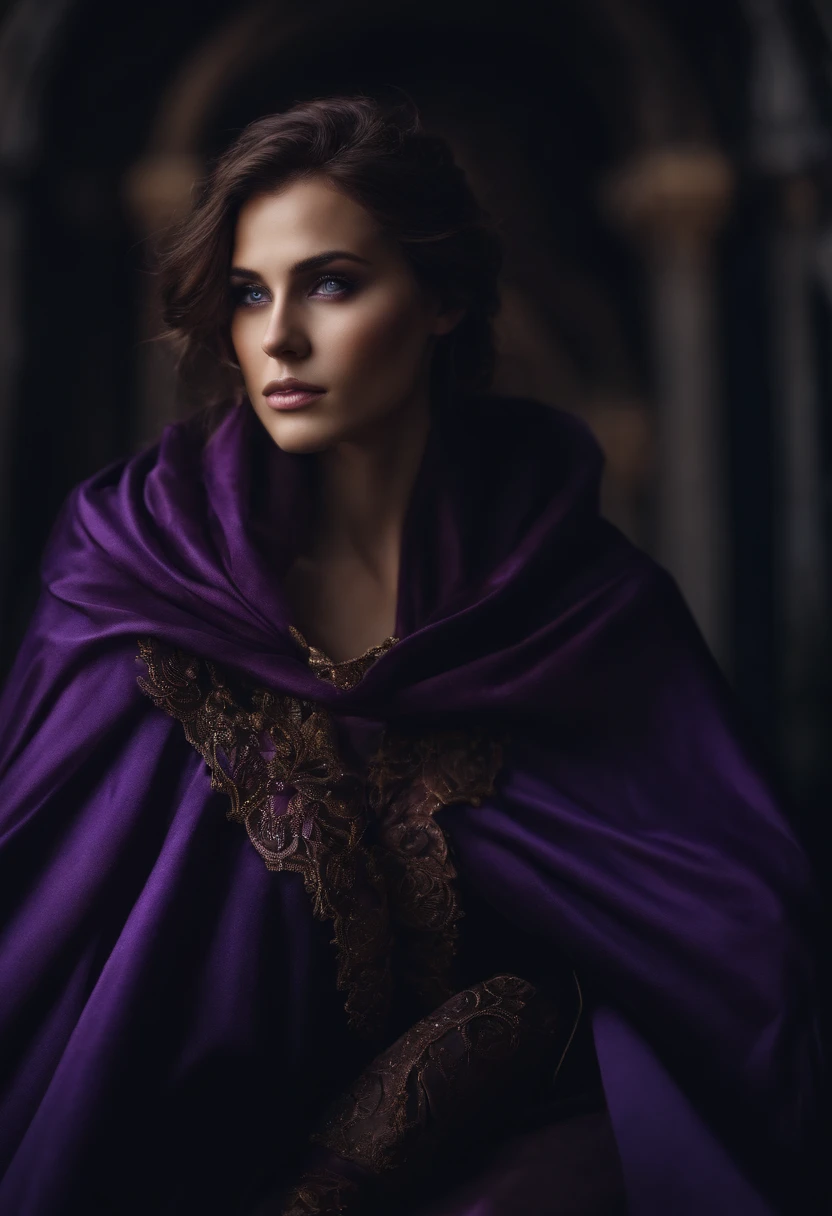 purple mask brown hair and eyes purple cloak