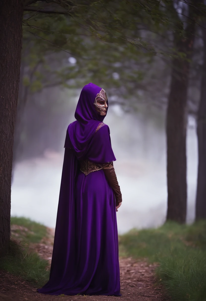purple mask brown hair and eyes purple cloak