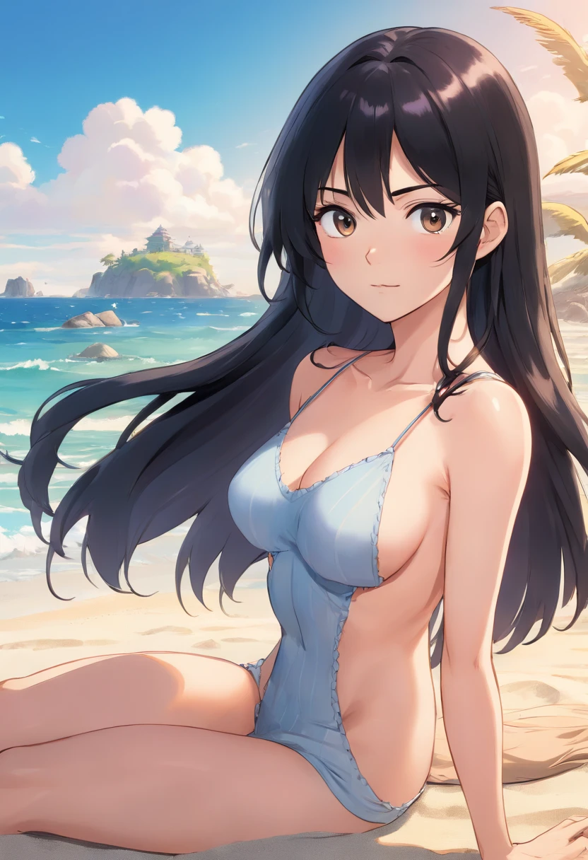 Beautiful tall woman, black hair, long hair, straight hair, extremely sexy body, detailed medium breasts, looking directly at the camera, with a sexy look, tall girl, completely naked, spread legs, full body, at the beach, vagina exposing