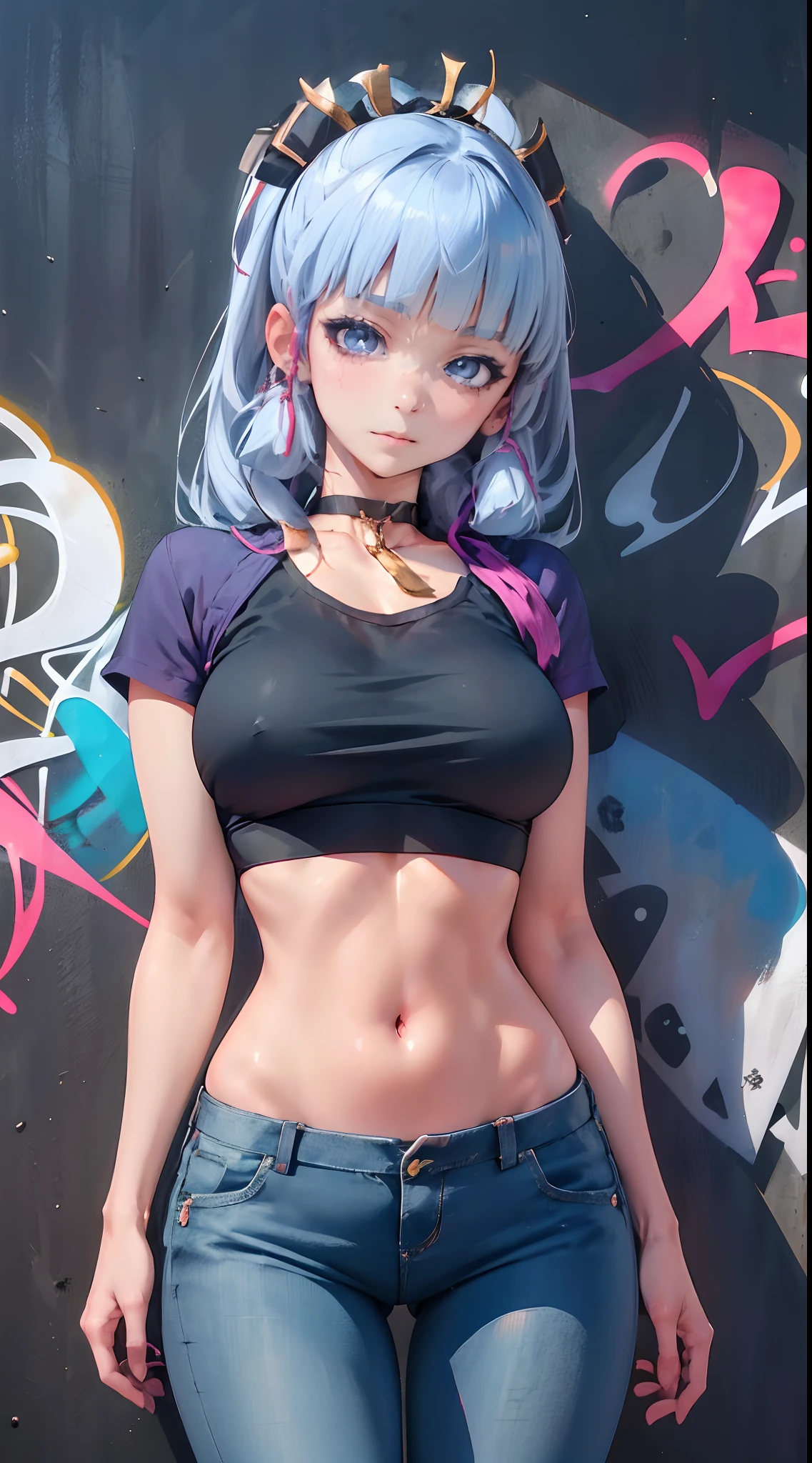 kamisato ayaka|genshin impact, master-piece, bestquality, 1girls,30 years old, proportional body, Big legs, Beautiful, proportional., crop top, Long Jeans, mediuml breasts, ,bara, crop top, choker, (Graffiti:1.5), Splash with purple lightning pattern., arm behind back, against wall, View viewers from the front., Thigh strap, Head tilt, bored,(NSTDA.:1.2), (10, beste-Qualit, master-piece: 1.4), Beautiful red hair, ultra-high resolution, (lifelike, photorealistic portrait: 1.48), (Looking Through Crop Tops.), Famous Japanese actors, beautiful clear eyes, Head tilt, cowboy shot, from the front, looking at the audience, expressionless, Beautiful lake, Zeiss 150mm F/ 2.8 Hasselblad, Whole body, foot, Ultra-Wide Angle,