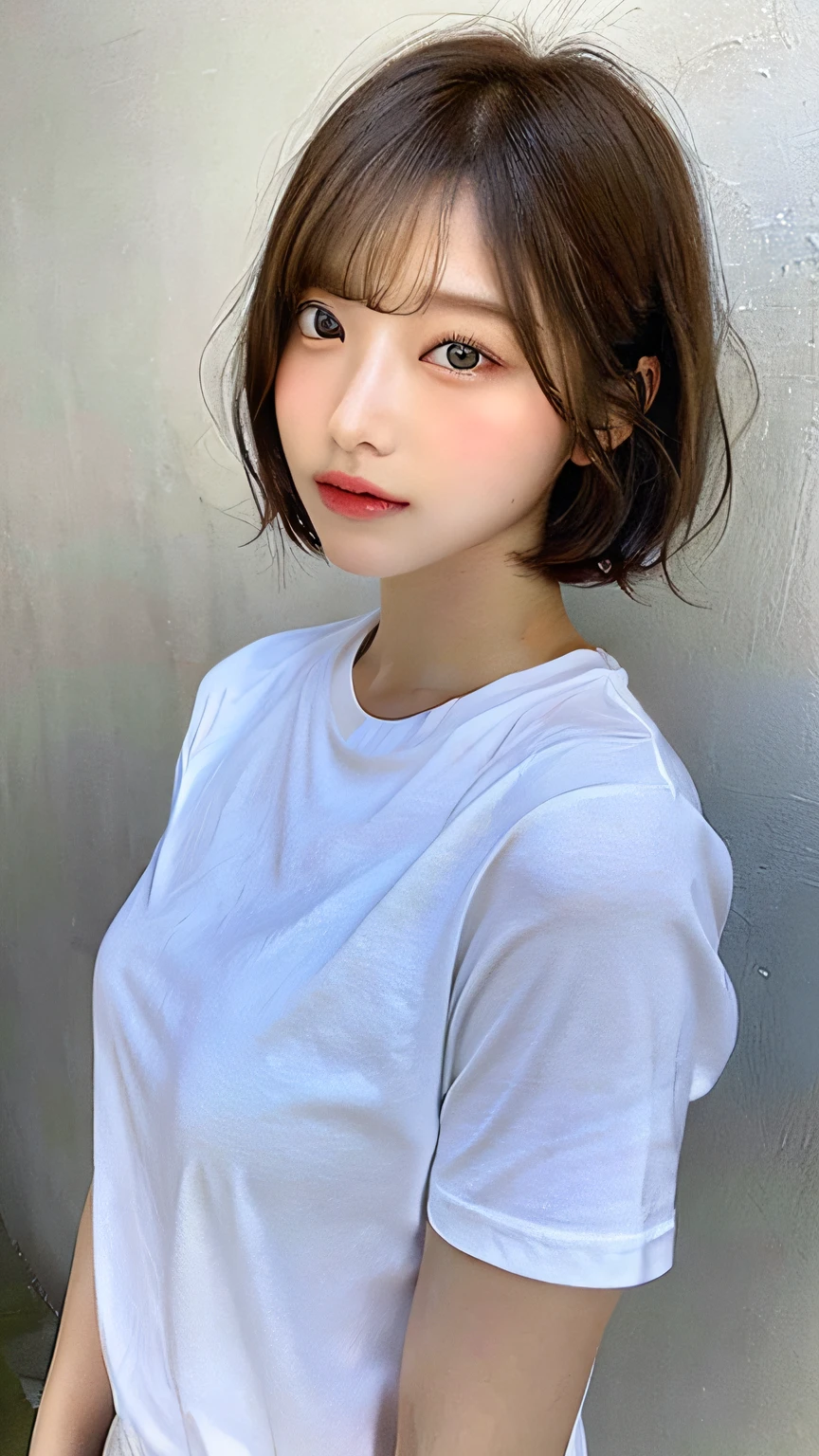 ( hight resolution:1.3), 1 girl with a perfect body, super fine face and eyes,(medium short hair),Oversized T-shirt,Korean Hairstyles,Korean model